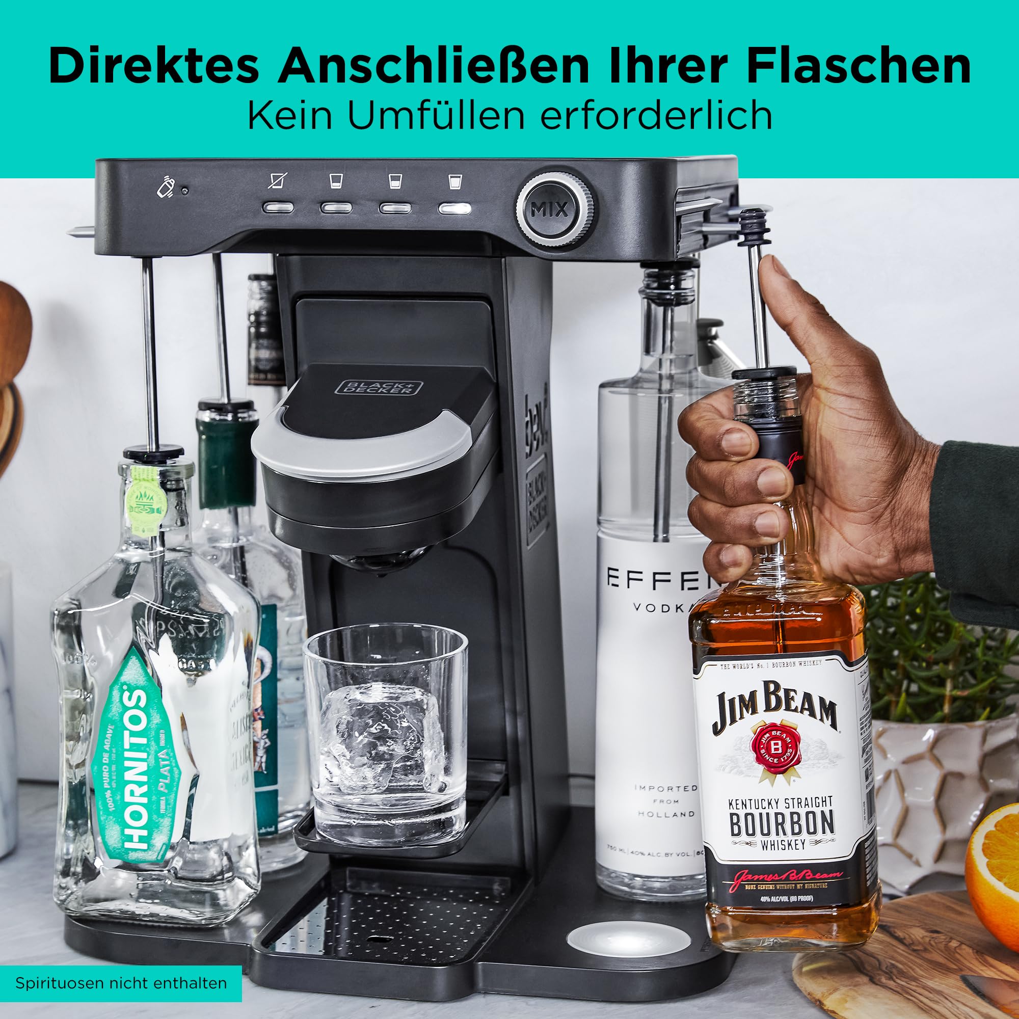 BLACK+DECKER BEV Cocktail-Maschine (individuelle Cocktails auf Knopfdruck, Platz für 5 Spirituosen, Getränkestärke einstellbar, mit Reinigungsmodus & LED Beleuchtung im Party-Modus) BEHB101