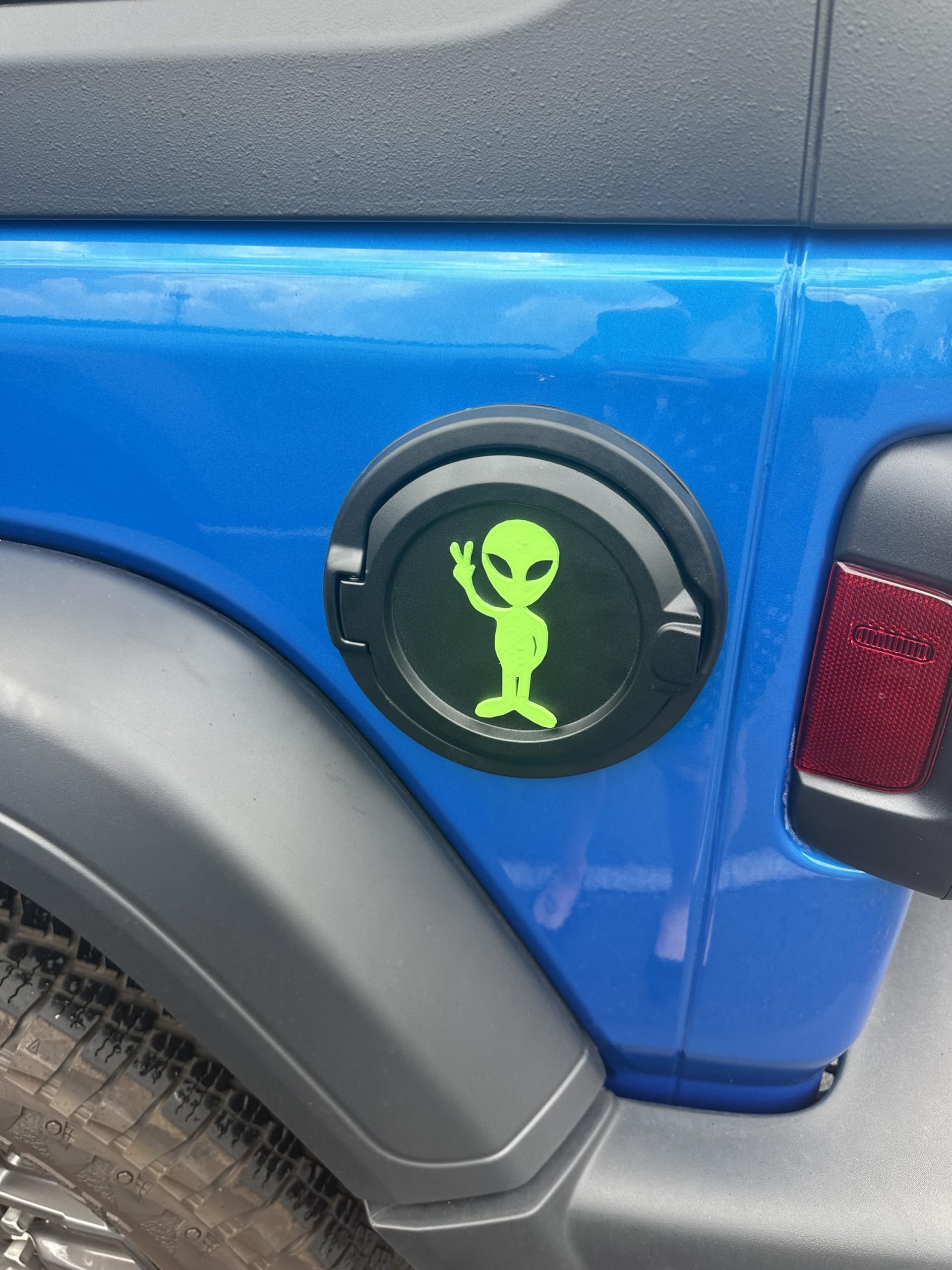 Martian Alien Peace Sign in 3D Blk w Lime Green Gas Cap Cover for 2018-2026 Jeep Wrangler JL JLU - UFO I Believe