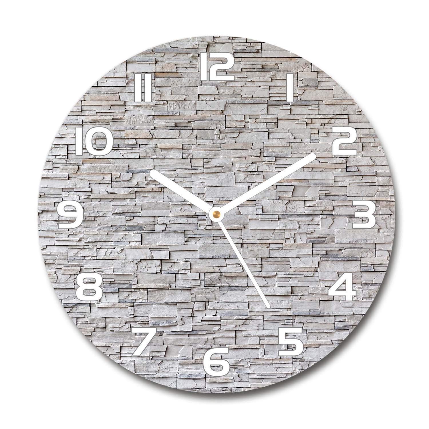 Horloge en verre rond 30cm Tulup design mur de pierre avec aiguilles blanches