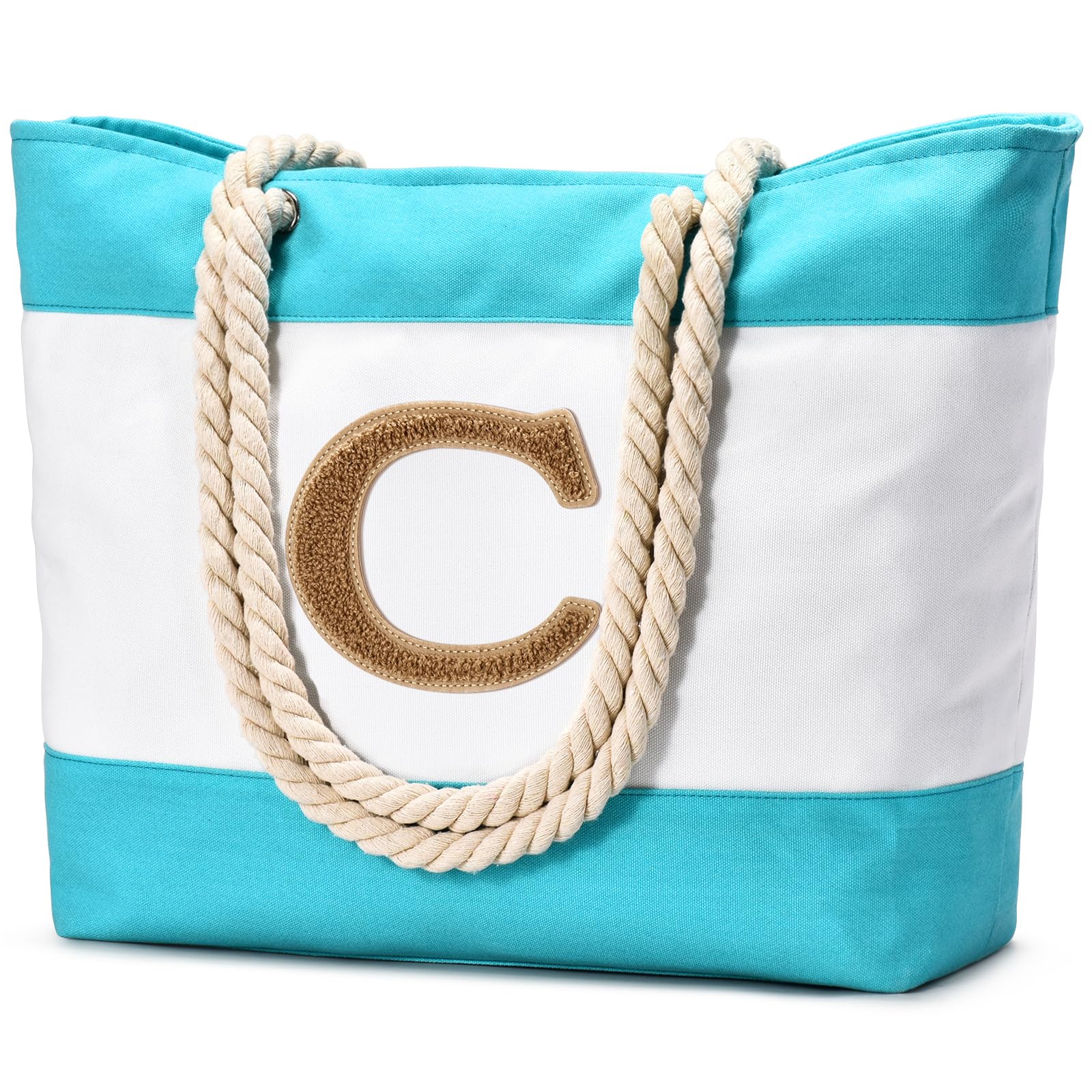 Becokan Initial Beach Bag Waterproof Canvas Beach Tote Bag Zipper Personalized Gifts for Women Her Birthday Travel Essentials