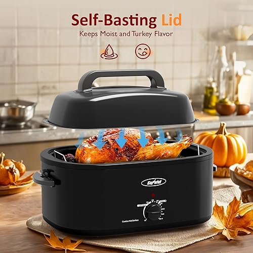 Miniatura 47 de Sunvivi Horno asador eléctrico de 24 cuartos de galón con tapa visible autohilvanado, horno asador de pavo con sartén y estante extraíbles, perfecto