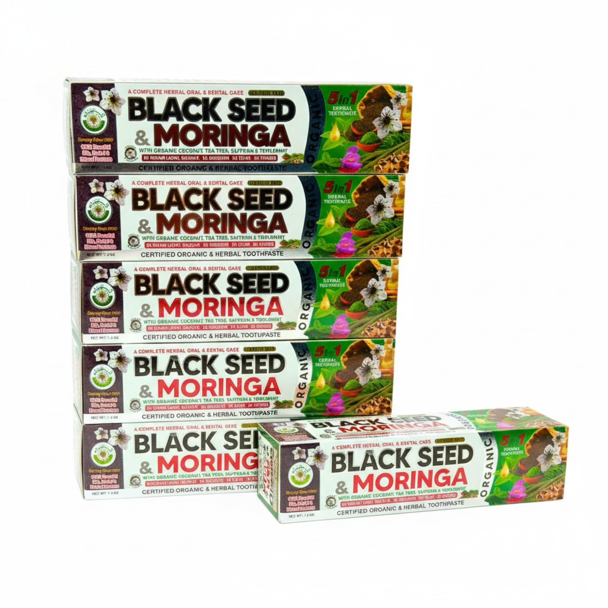 Pack of 6- Black Seed, Coconut, Tea Tree, Saffron, Peppermint- Herbal Toothpaste and Triplemint Fluoride Free