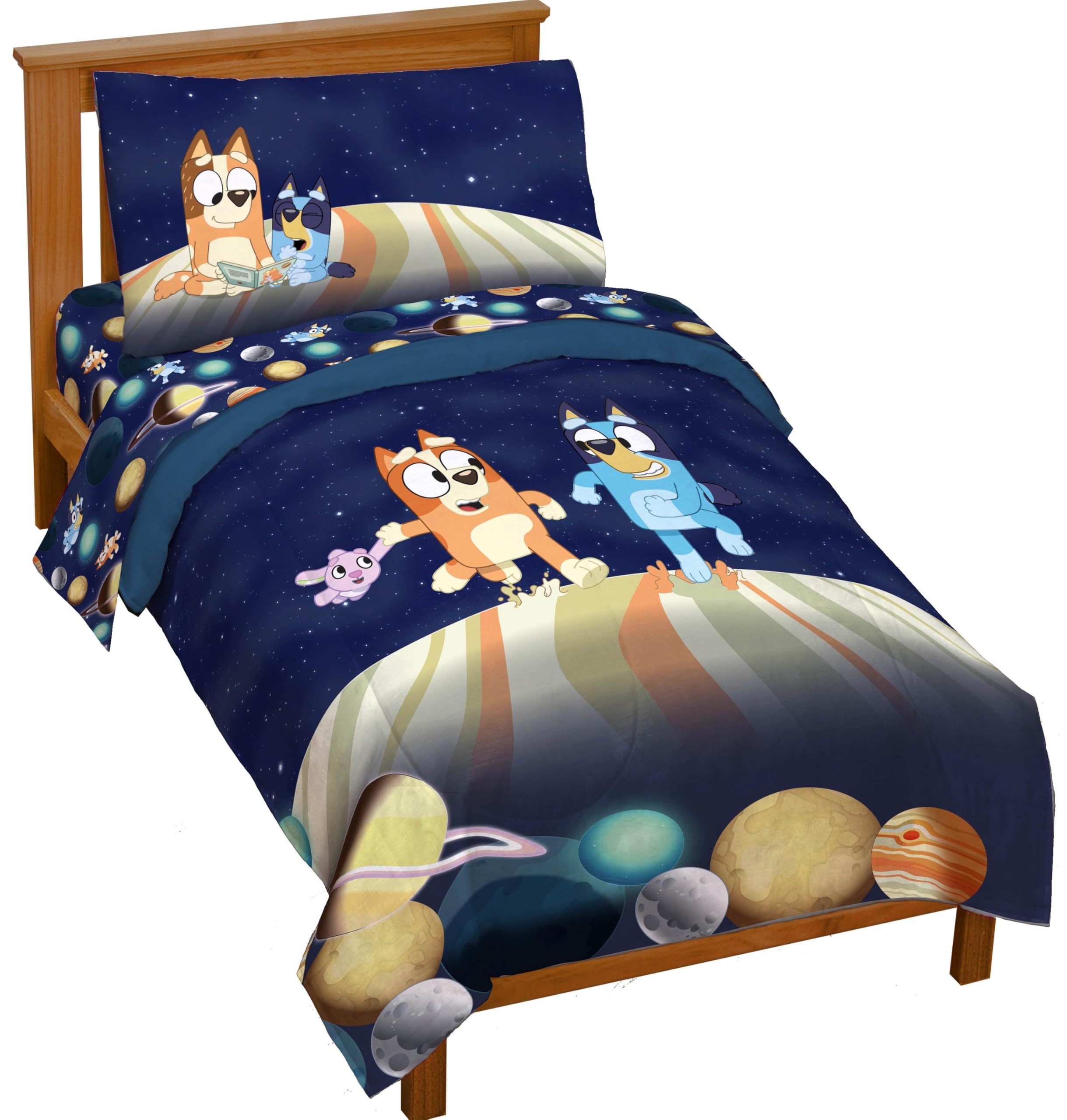 Jay Franco Kids Comforter Set Includes Sheets and Pillow Covers - Soft and Cozy Bed Set for Stylish Room Decor, Blue - Bluey & Bingo, 4 Piece Toddler