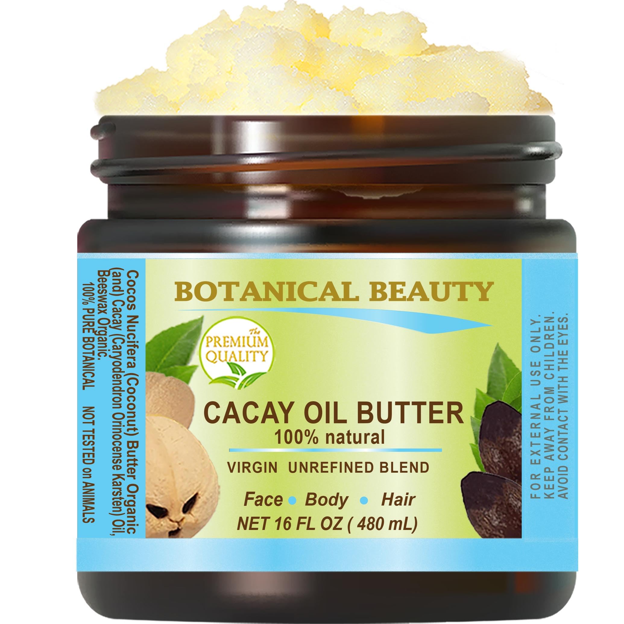 Botanical Beauty CACAY OIL BUTTER Pure Natural Virgin Unrefined RAW for FACE SKIN BODY HAIR NAILS Vitamin C Vitamin E (16 Fl Oz)