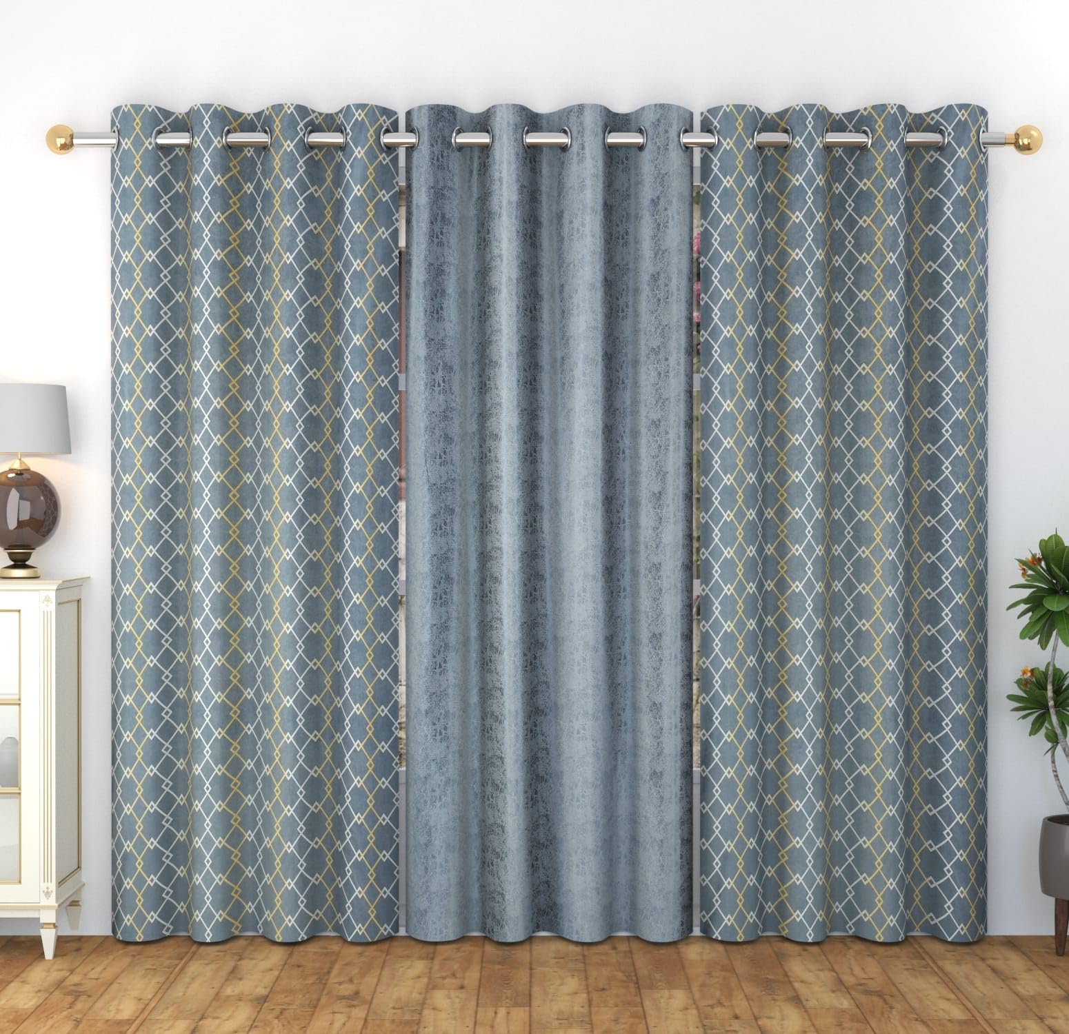 WO FLORA Home Decor Check Designer Window Curtains 5 feet Set of 3 for Drawing Room/Living Room/Hall Room Parde for Door, Dark Grey