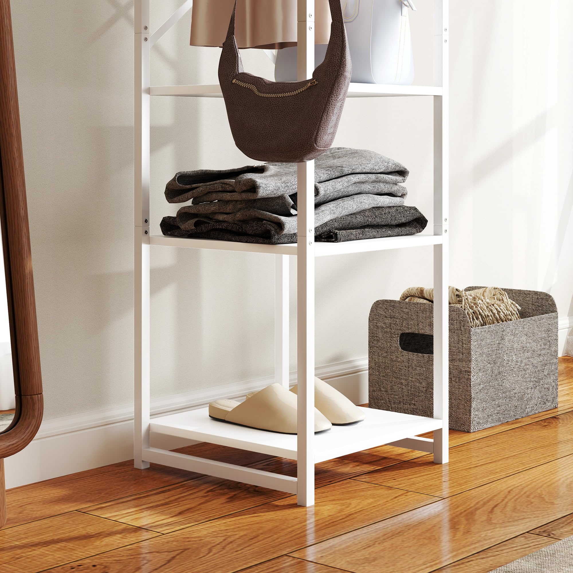 HOMCOM Appendiabiti da Terra con 3 Ripiani Aperti e Asta, Mobile Appendiabiti in Acciaio e MDF per Camera da Letto e Ingresso, 38.5x30x170 cm, Bianco