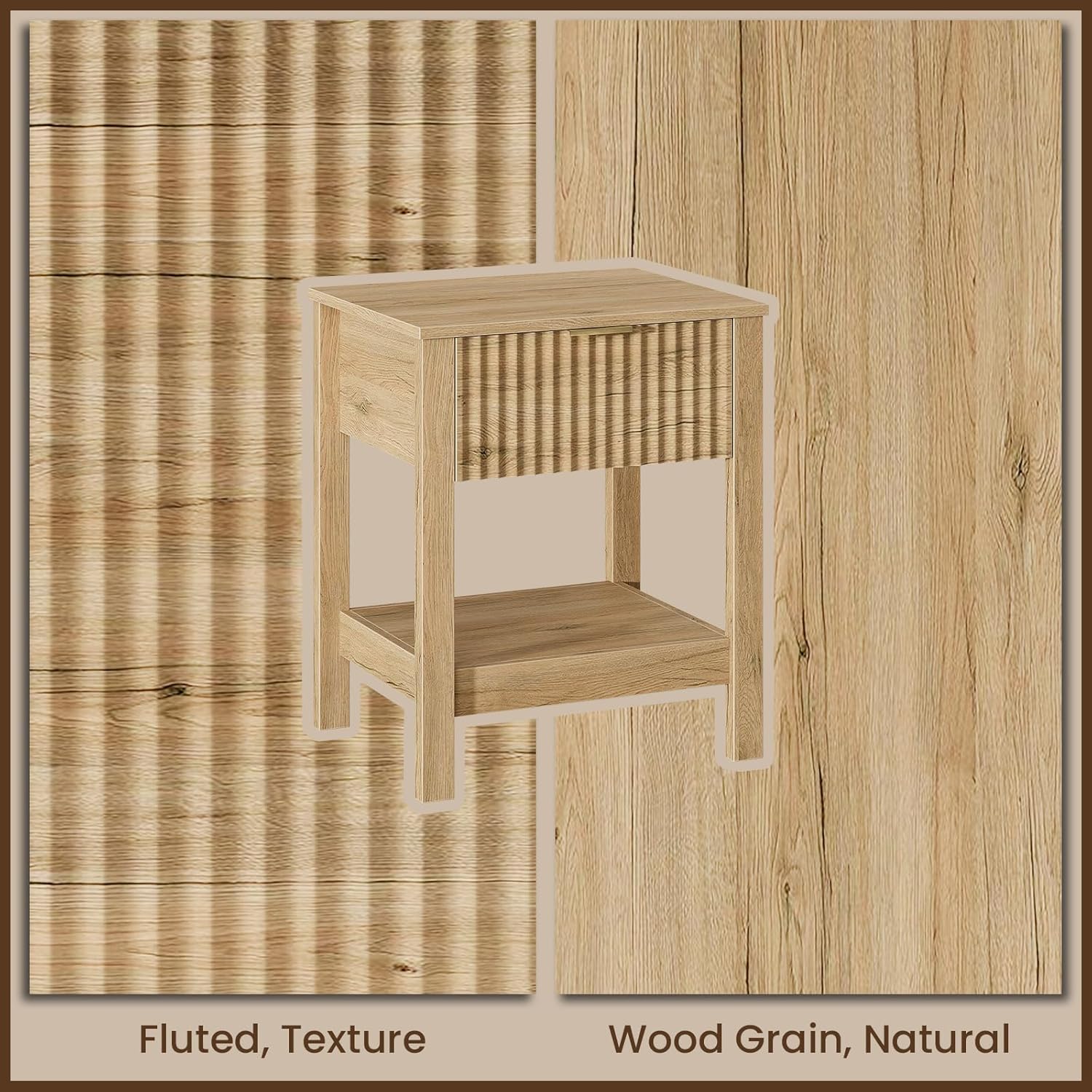 Fluted Night Stand with Golden Handle,Set of 2 Mid-Century Nightstands with Drawer, Bedside Table with Storage Shelf,Large Wood End Tables for Livingroom,Bed Side Tables for Bedroom, Natrual Oak