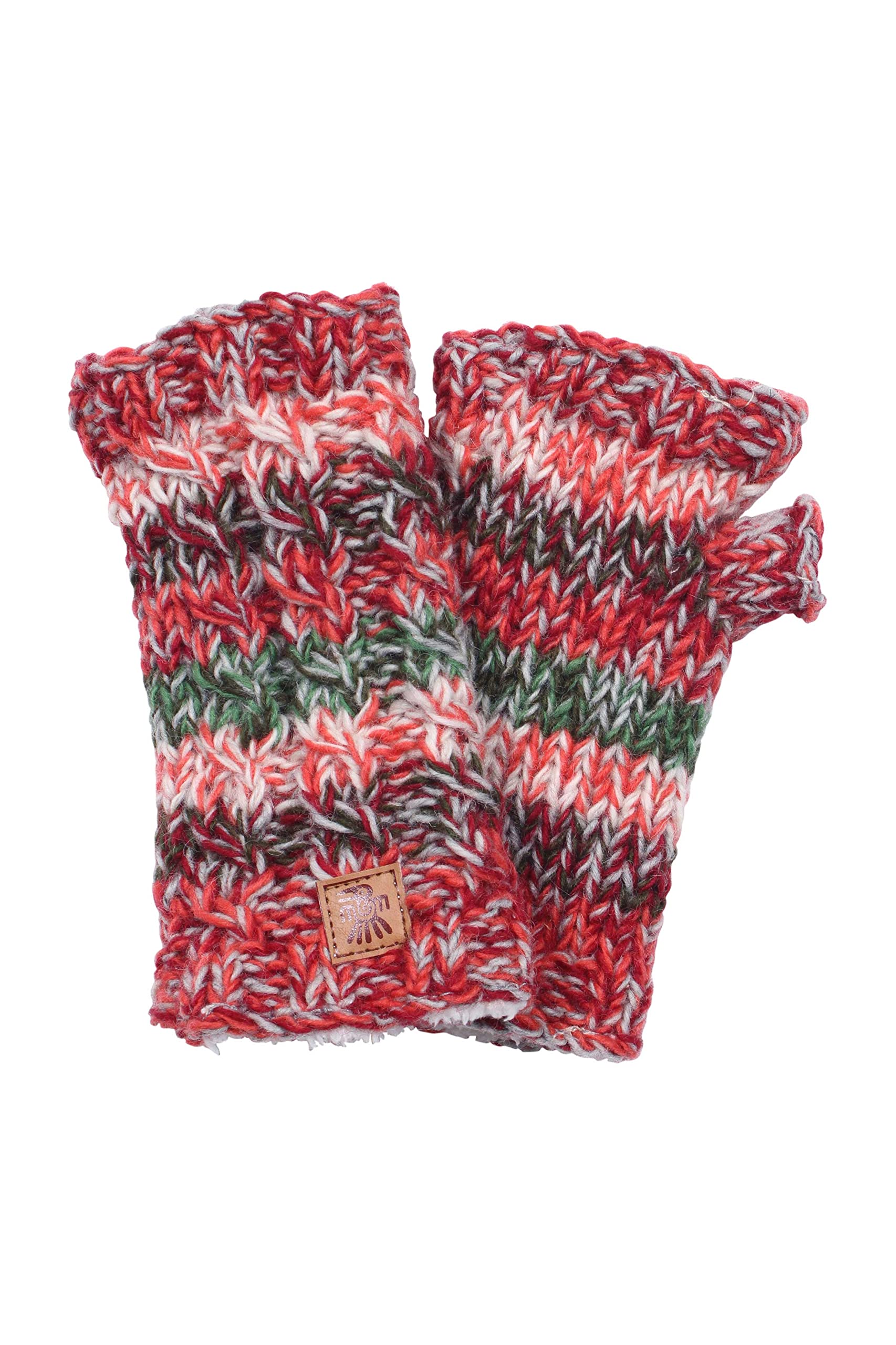 Pachamama Women Wool Hand Wrist Warmers Sherpa Fleece Lined Handknitted Stripes Earth Multicoloured One-Size Handmade Thumbhole Thermal Extra Warm Fair Trade