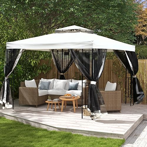 Toldo para cenador, 10 x 10 pies, para exteriores, con mosquitera y techo doble para fiestas, bodas, barbacoas y eventos
