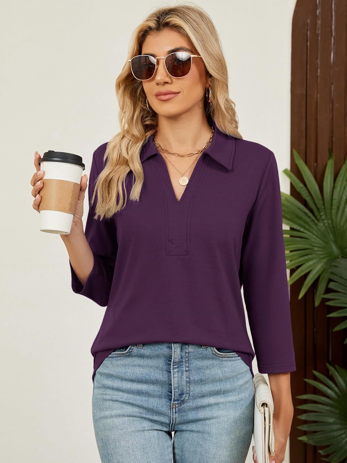 Women's 3/4 Length Sleeve V-Neck Collared Tops Summer Business Casual Work Polo Shirts Fashion Outfits 2026 - Image 3