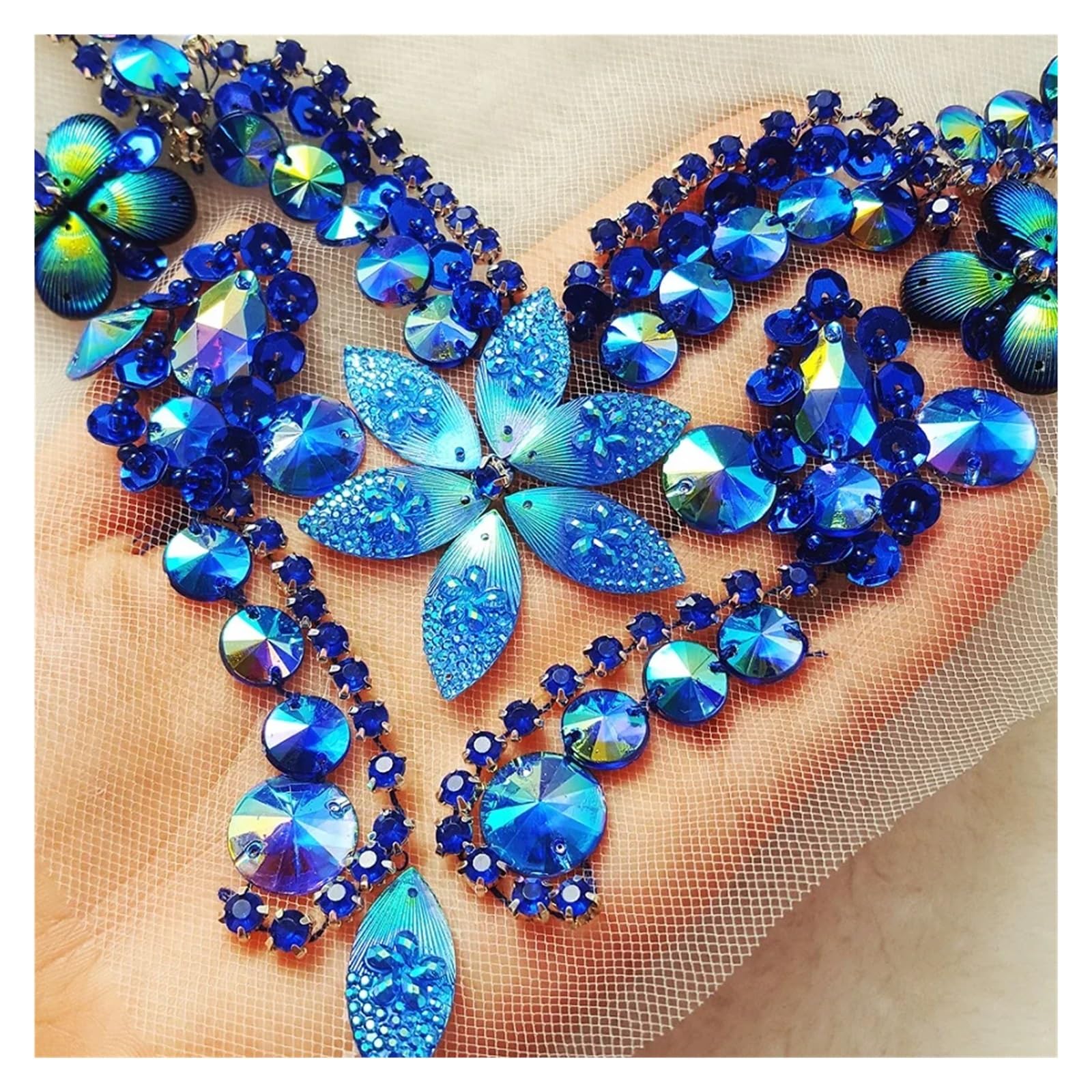 Apliques de encaje con bordado de abalorios Cintura con cuentas Boda Coser lentejuelas Cuentas Rhinestones Azul Púrpura Apliques de parche encaje(Blue)