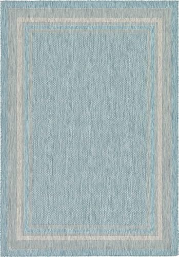 Unique Loom - Colección Outdoor Border - Tapete para exteriores de borde suave - 7 pies 1 pulgada x 10 pies, rectangular, aguamarinamarfil