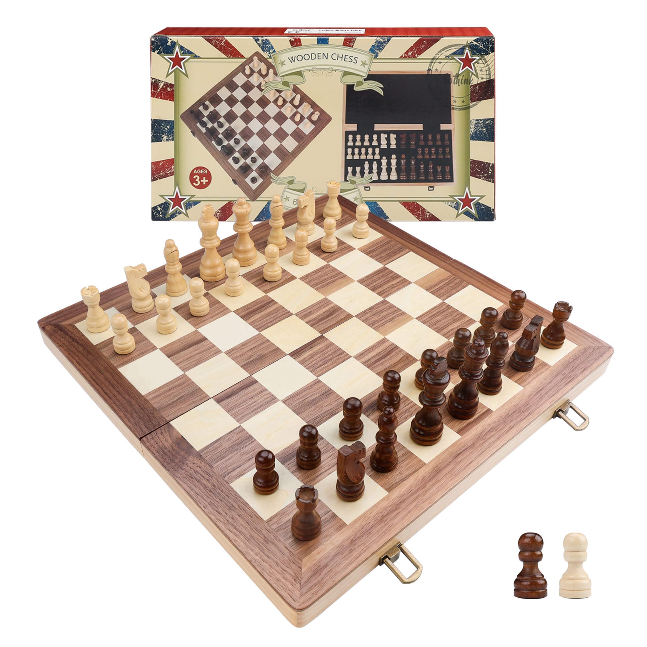 Wooden Chess Set Board Games Portable Folding Chessboard 15x15 Puzzle Game with 32 Solid Wood Chess Piece for Adults and Kids Travel Family Game Gift