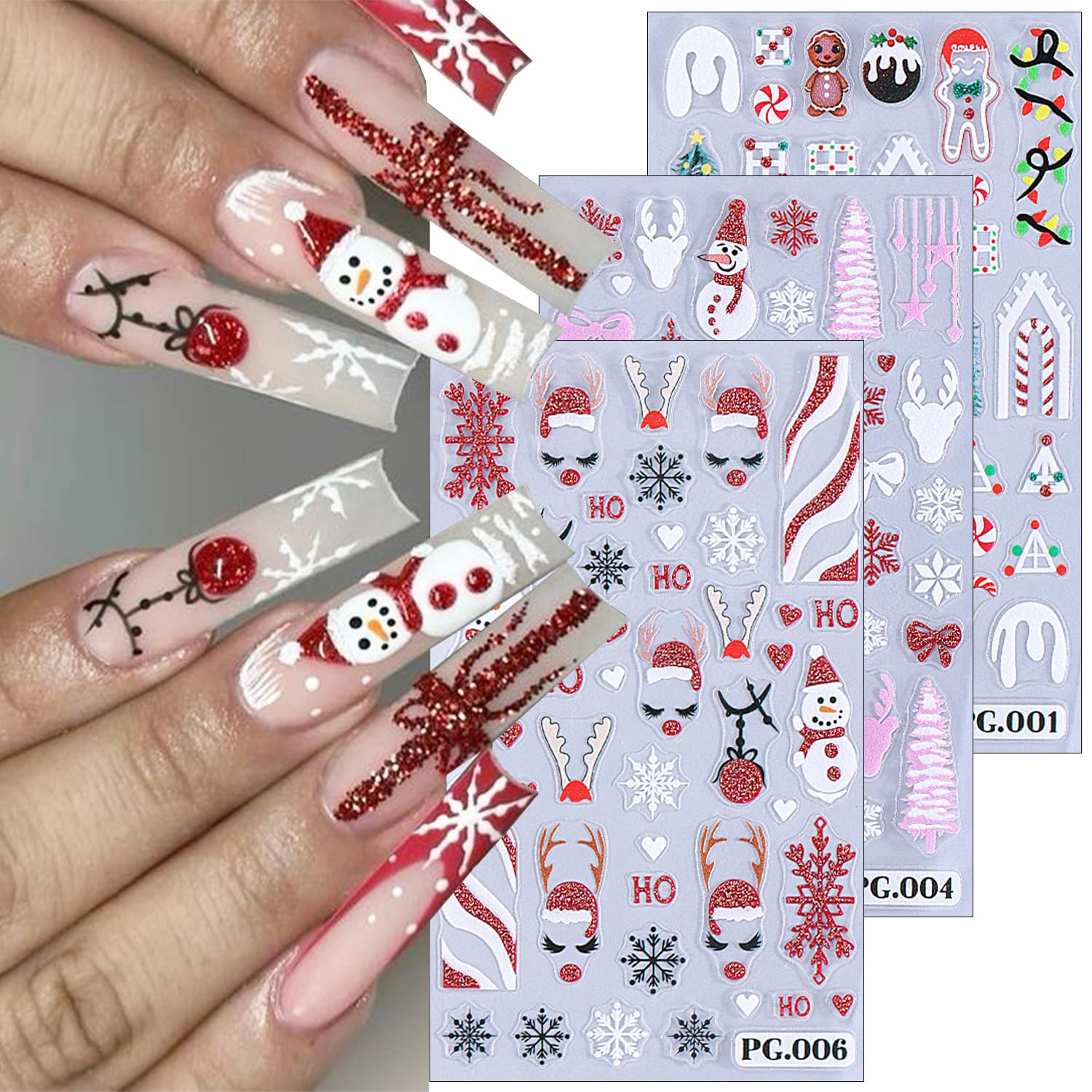 3 Sheets 5D Embossed Christmas Nail Stickers - Self Adhesive Snowflake Nail Art for Winter - Snowman, Elk, Flower, Clown, Christmas Tree Decals - Xmas
