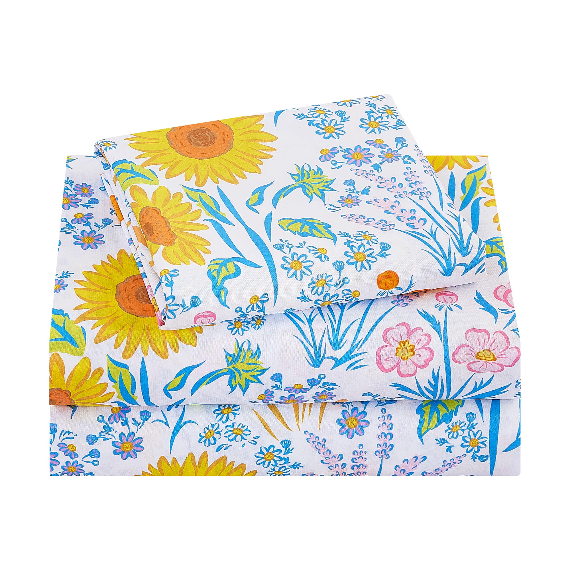 Viviland 3 Pieces Girls Floral Spring Twin Sheet Set - Soft Microfiber Fitted Flat Sheets &amp; Pillowcase Bed Sheet Set - Summer Sunflower Print Bedding Sets for Kids