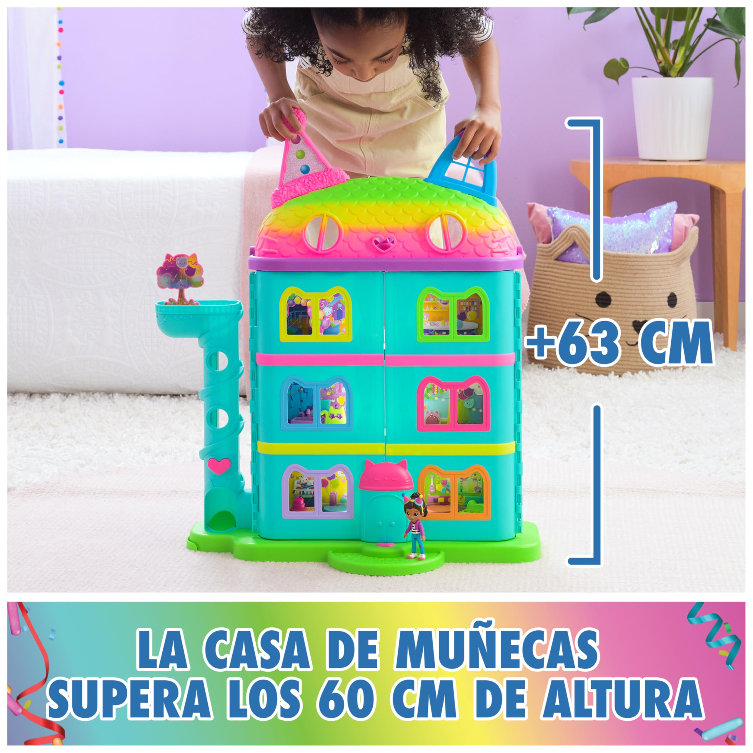 LA CASA DE MUÑECAS DE GABBY - CASA DE MUÑECAS FESTIVA GABBY'S DOLLHOUSE CON SONIDOS, FIGURA, 14 ACCESORIOS ARCOIRIS Y 2 CAJAS SORPRESA - 6070742 - Juegos Infantiles - Juguetes Niños 3 años +