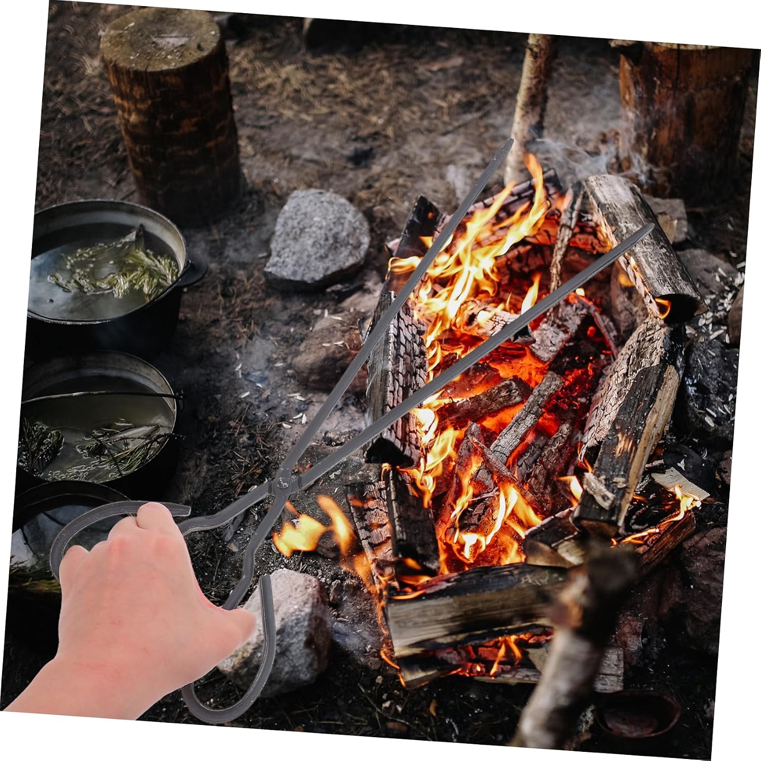 Iron Campfire Tongs Fire Pit Tools Long Reach Fire Tongs for Bbq Slip Grip Outdoor Accessory