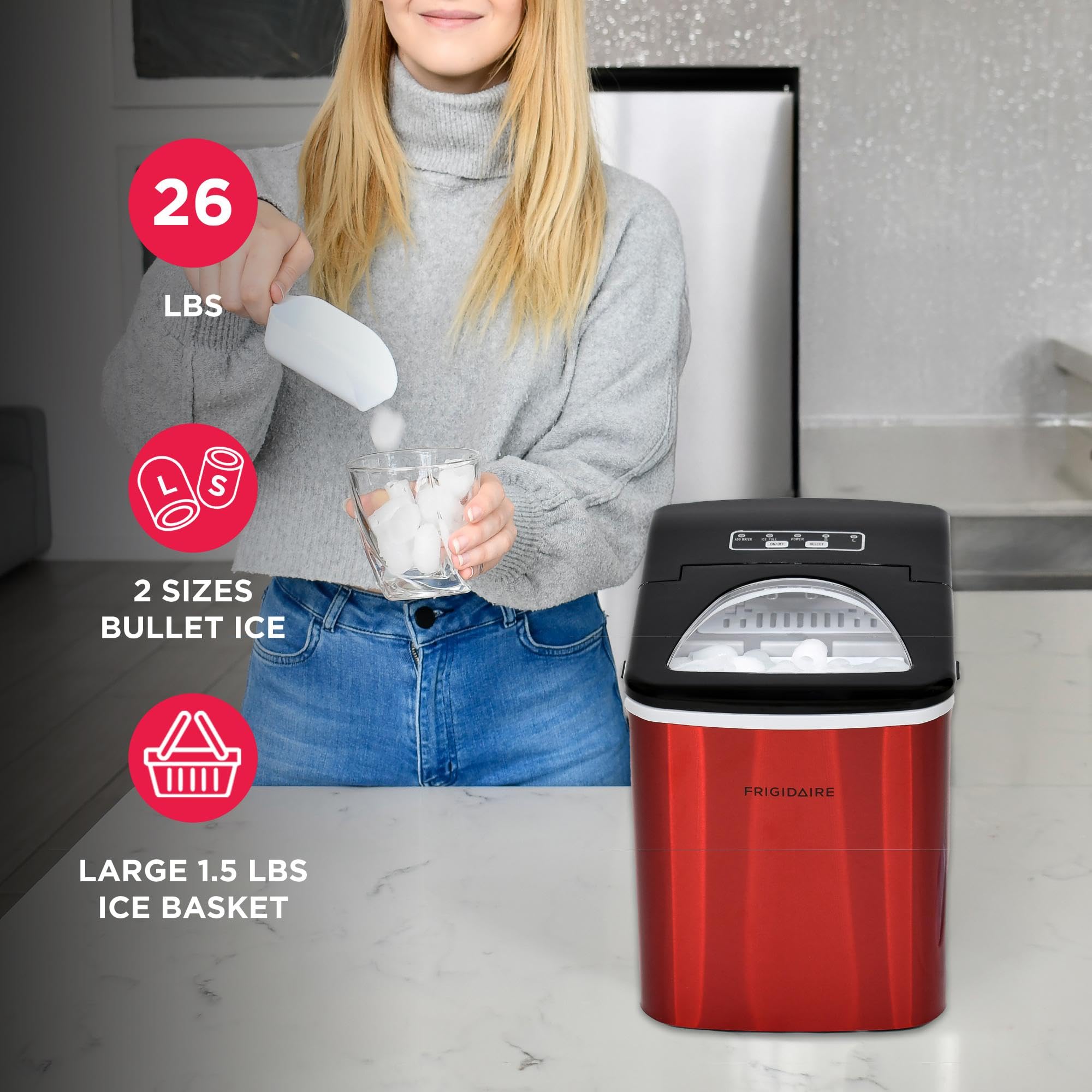 Frigidaire Counter top Portable, 26 lb per Day Nugget Ice Maker Machine (Red Stainless Steel) view 3