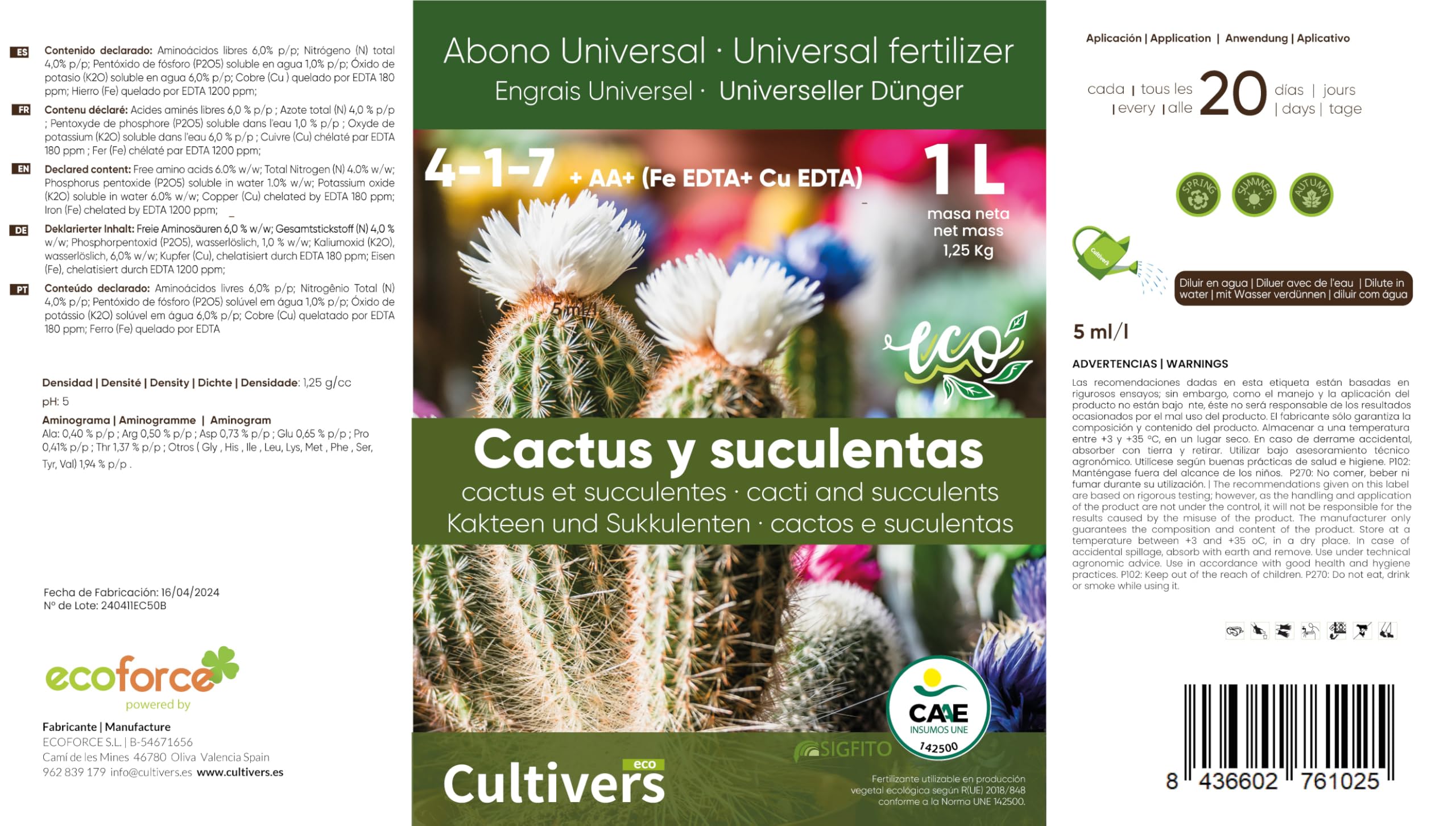 CULTIVERS Bio-Dünger für Kakteen und Sukkulenten, 10 l Flüssigdünger für EIN gesundes Wachstum mit höherer Blüte. Pflanzen sind resistenter gegen Krankheiten