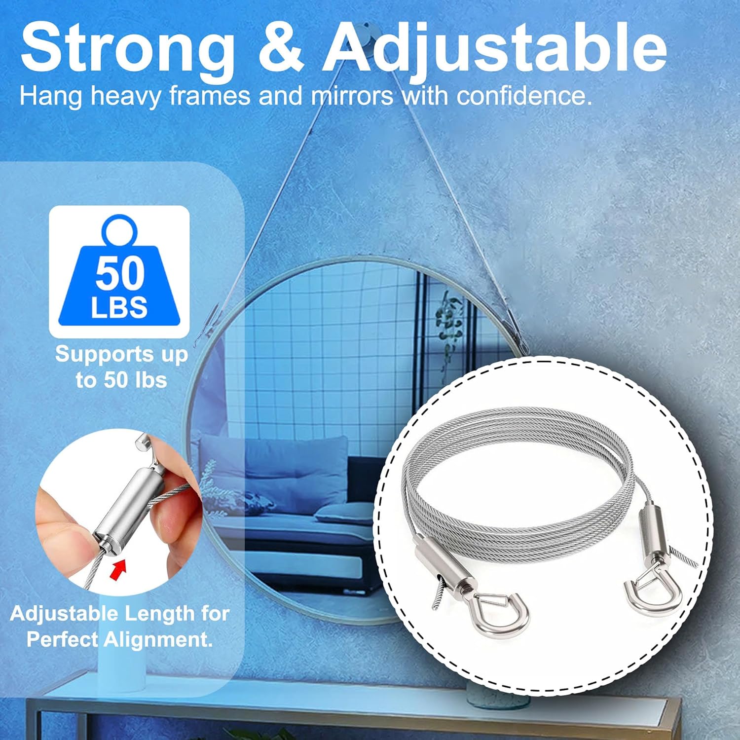 Picture Hanging Kit for Frames & Mirrors - Picture Hanging Wire Kit, 4 pcs Adjustable Wire 2 m (6.56 ft) x 1 mm with Clips, 50 lb; 8 3-Hole D-Ring Hangers; Braided Heavy Duty Cord; Wall Hardware, Art