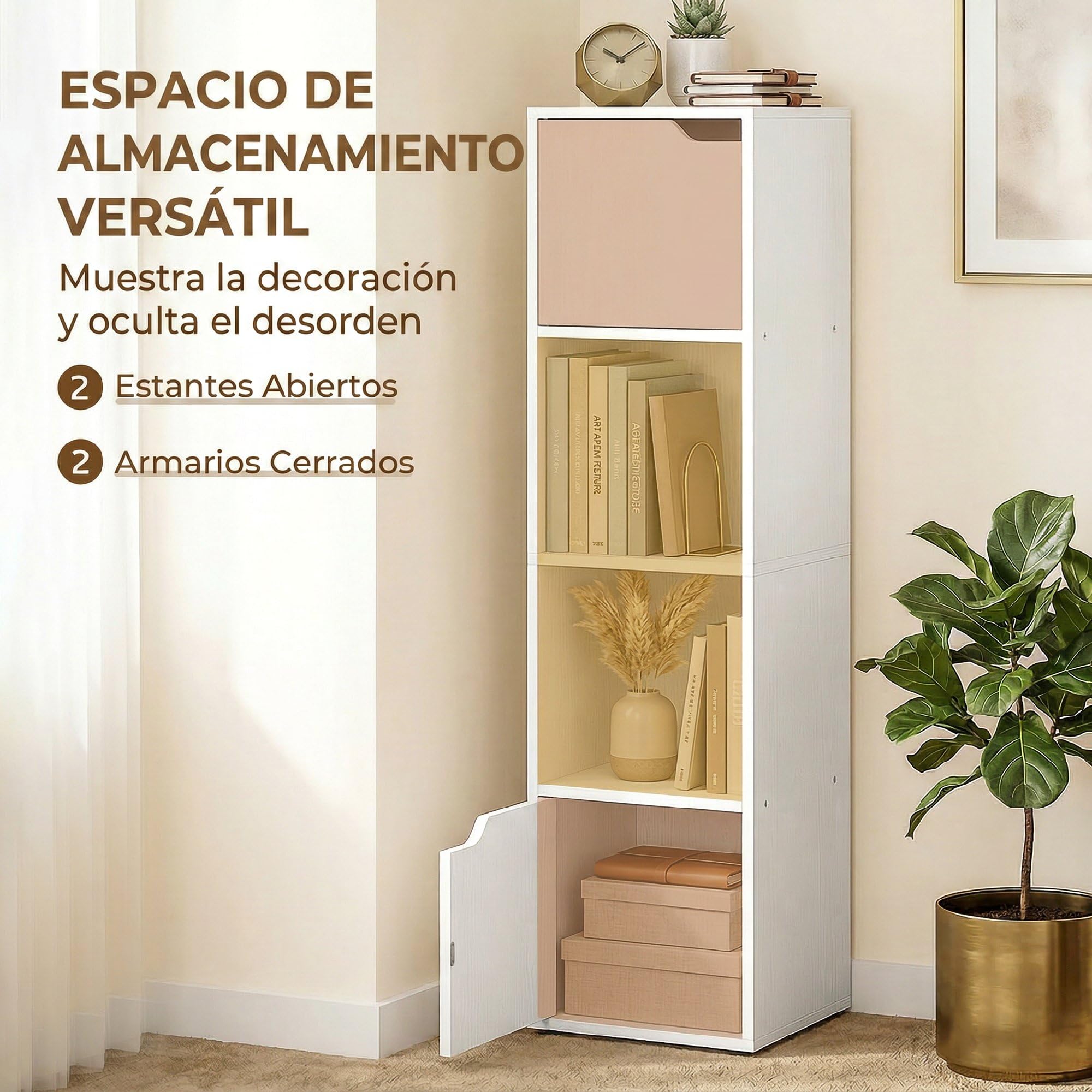 HOMCOM Estantería para Libros con 2 Puertas 4 Niveles 30x29x119 cm Blanco | Estantería Estrecha y Alta, Librería, 2 Estantes Abiertos, Armario Alto, para Salón Estudio Oficina