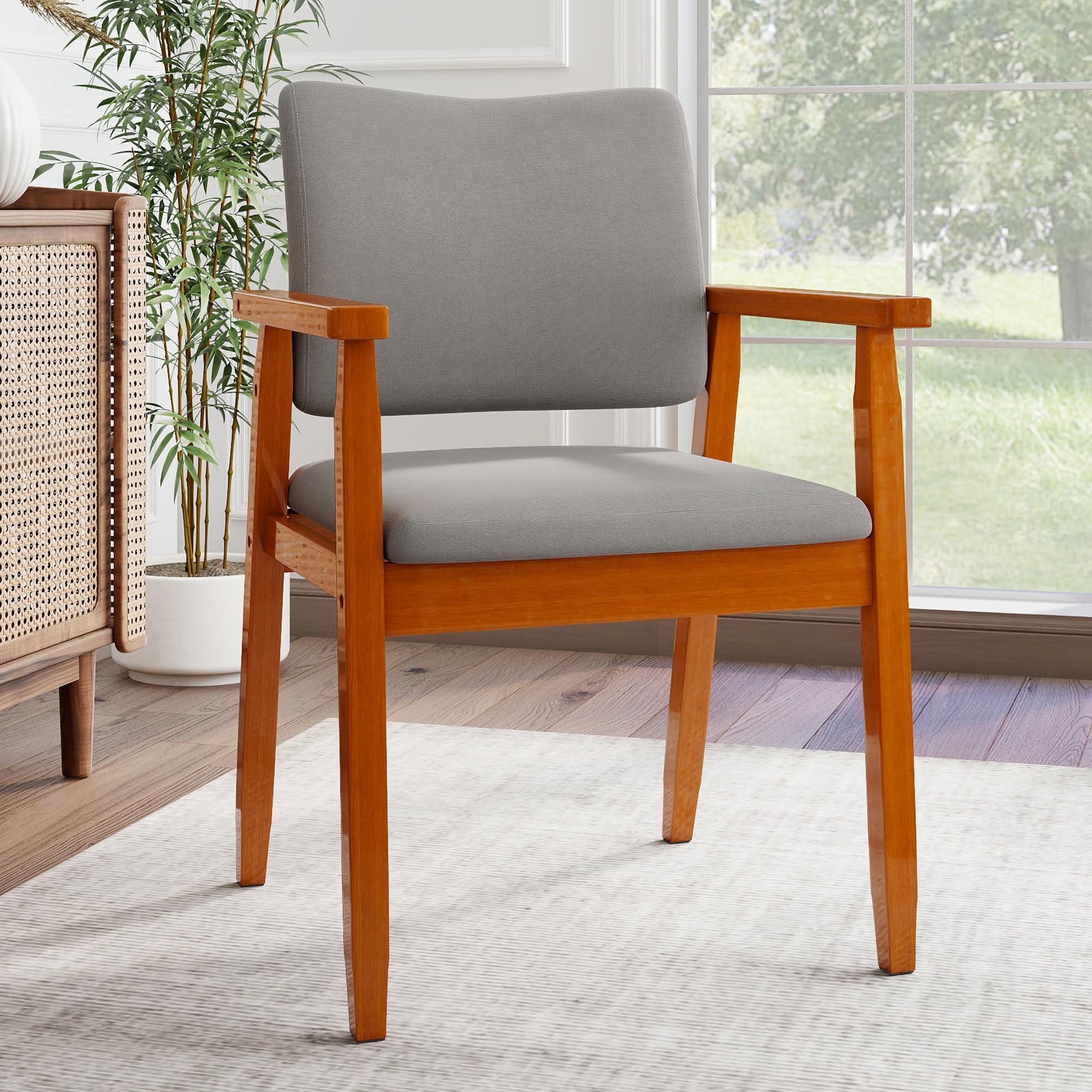 thksbought Mid Century Modern Walnut Dining Chairs Wood Arm Grey Fabric Kitchen Cafe Living Room Decor Furniture