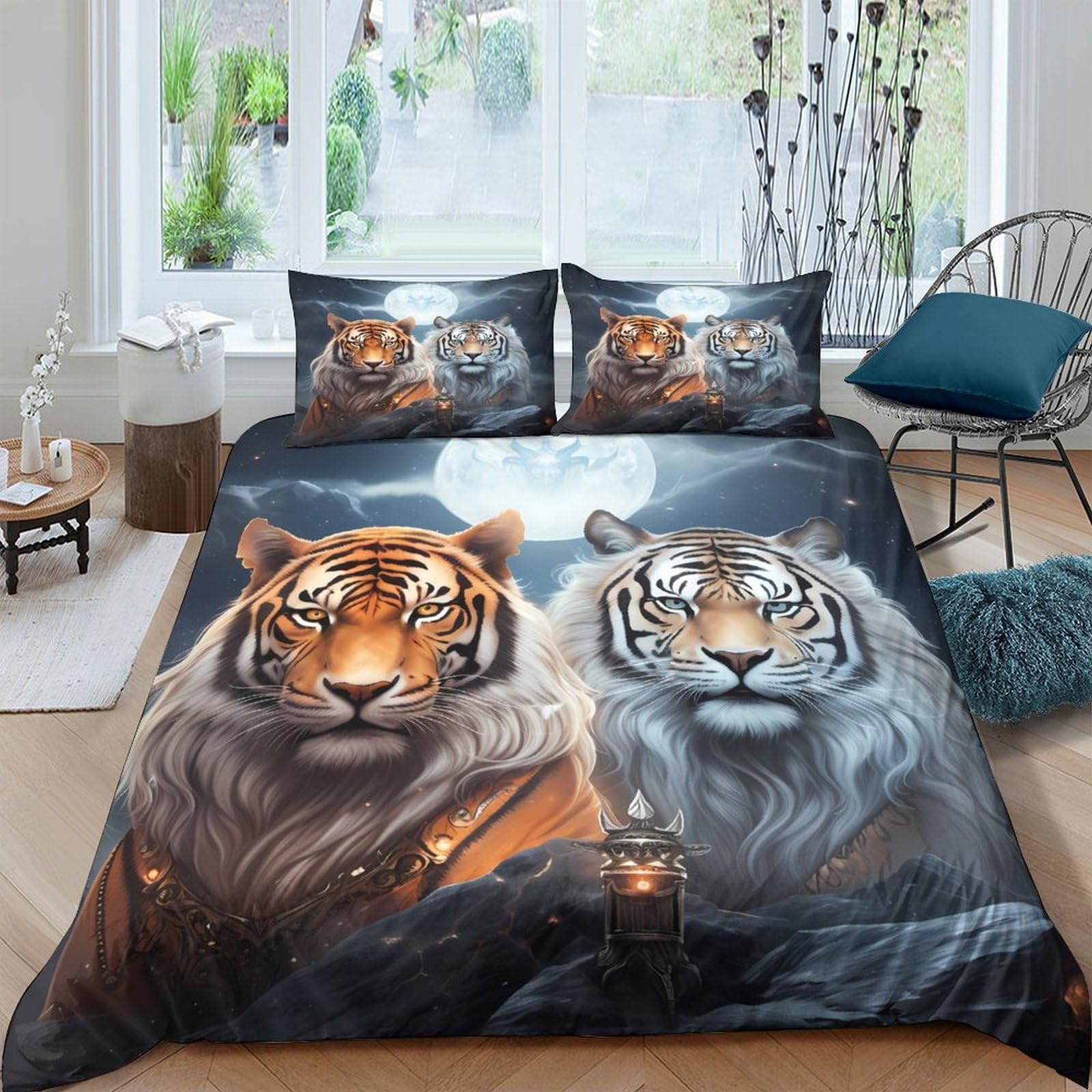 Ctjqhvkz Style-9 3D Printed Tiger Jungle Fitted Sheet Microfiber Soft Breathable White Tiger Bed Sheet For Bedroom Guest Room Decor Single（135X200cm）