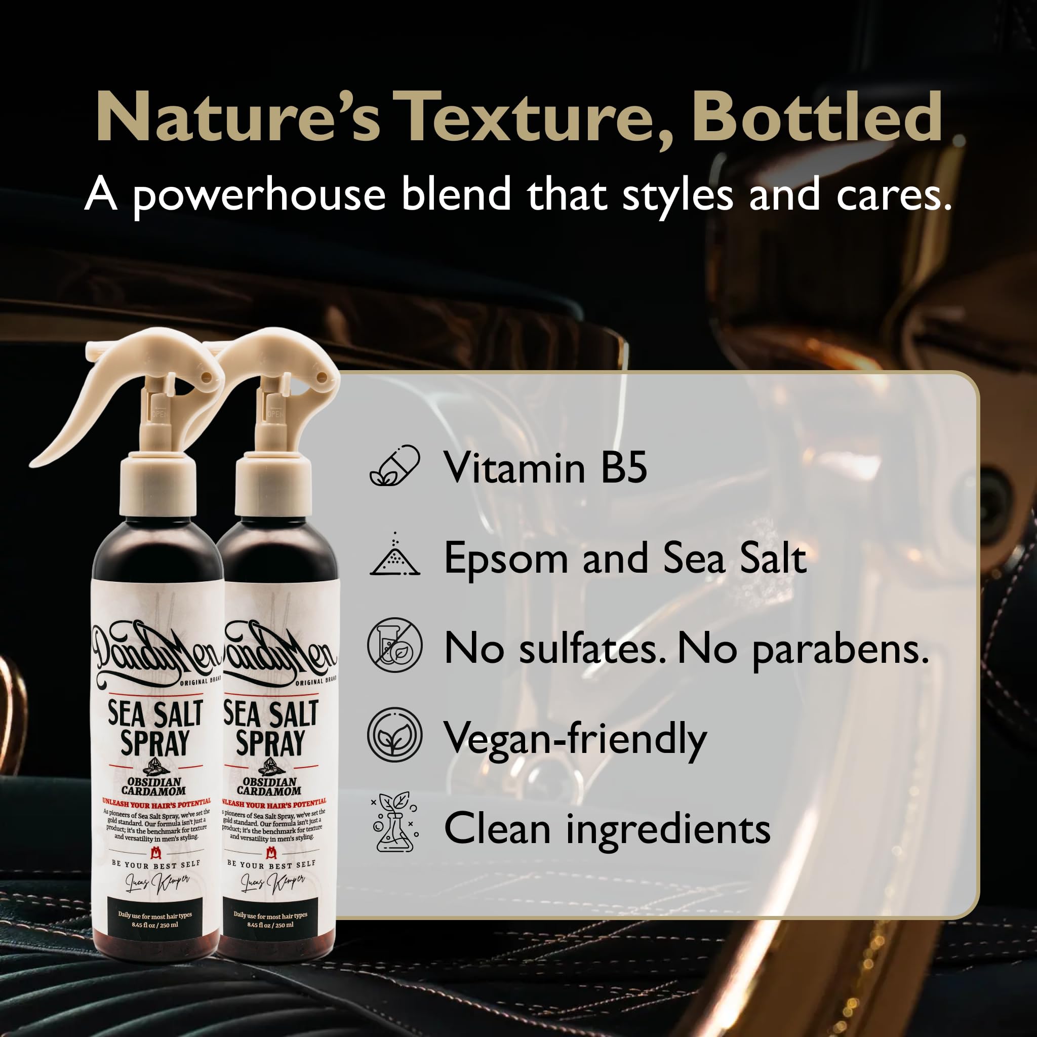 DandyMen Sea Salt Spray – Lightweight Texture, Volume, and Flexible Hold with Epsom Salt & Pro-Vitamin B5 (8.45 oz, Tobacco Vanilla)