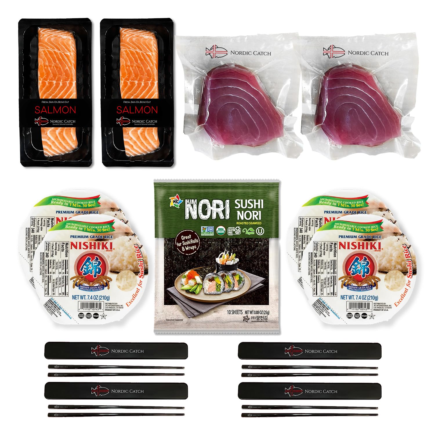 Nordic Catch Family Sushi Night - Sashimi Grade Fish Bundle, Salmon, Yellowfin Tuna, 90 Second Sushi Rice & Stainless Steel Chopsticks - Fresh, Never Frozen, Sustainably Sourced, Air-Tight Sealed