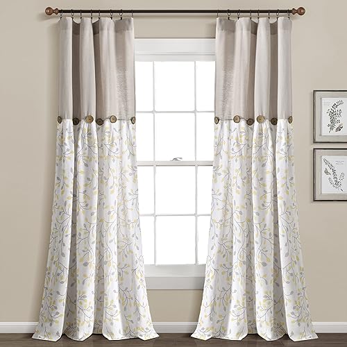 Lush Decor Panel de cortina de ventana de jardín botánico con botones de lino panel individual 84 pulgadas de largo x 40 pulgadas de ancho gris y