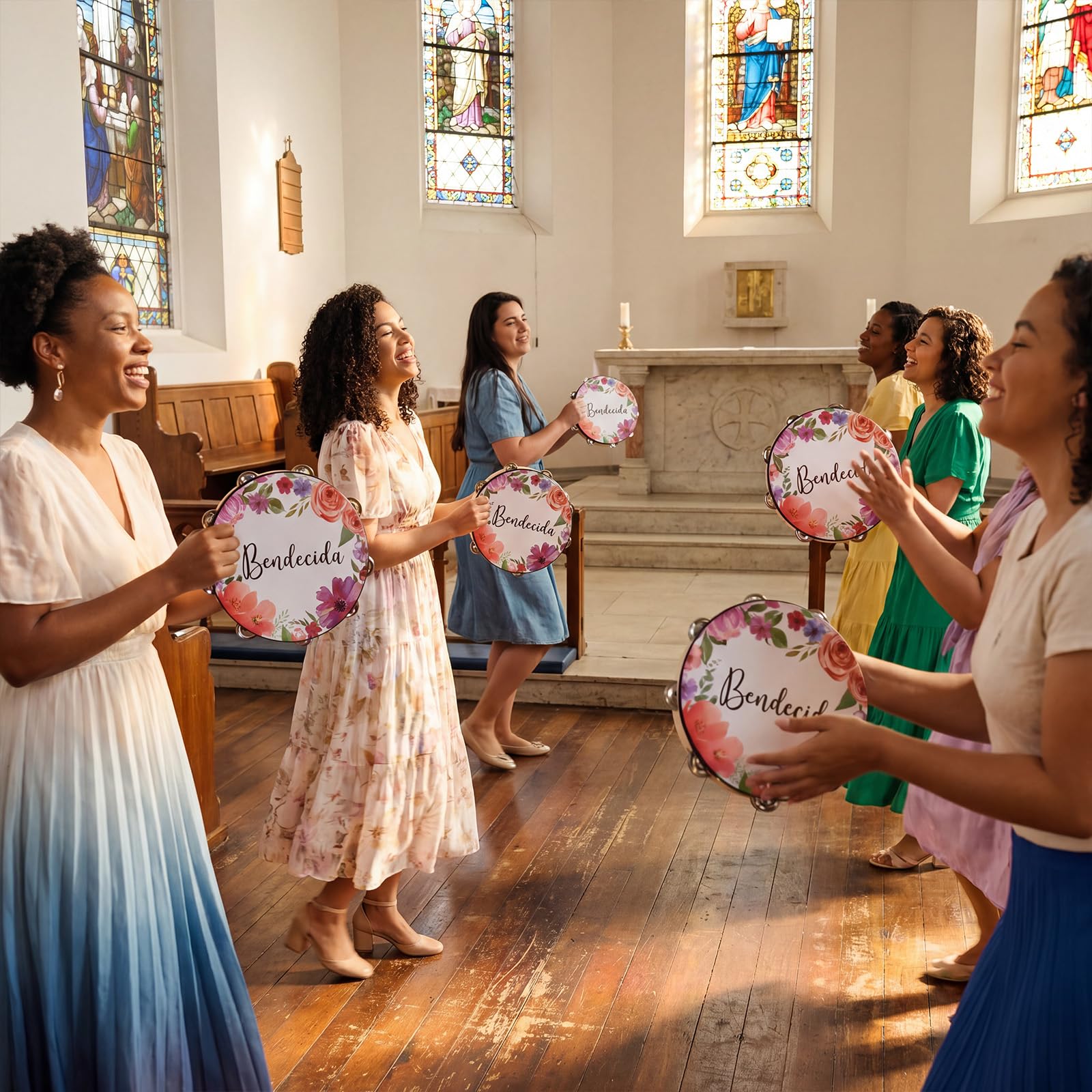 Lot de 3 tambourins espagnols bénis pour adultes d'église - Tambourin de danse chrétienne - 15,2 cm, 20,3 cm, 25,4 cm - Double rangée de jingles de la Bible - Tambourin pour chorale d'église