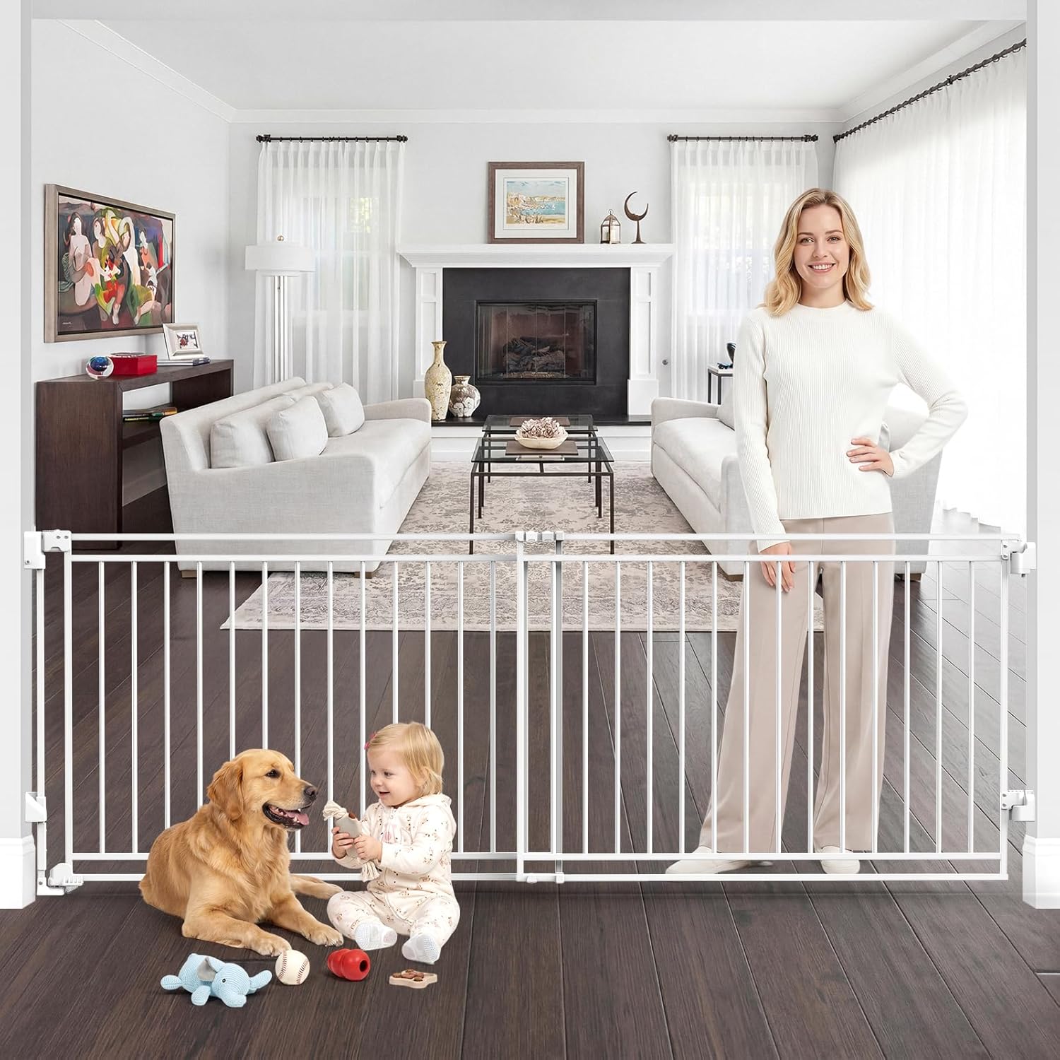 Betertek 45-80" Extra Wide Baby Gate for Large Openings-No Bottom Bar&Extra Wide Walk Thru Door, Heavy Duty Chew&Impact Resistant Safety Dog Gate, Hardware Mount (Drill Required) Indoor Pet Gate