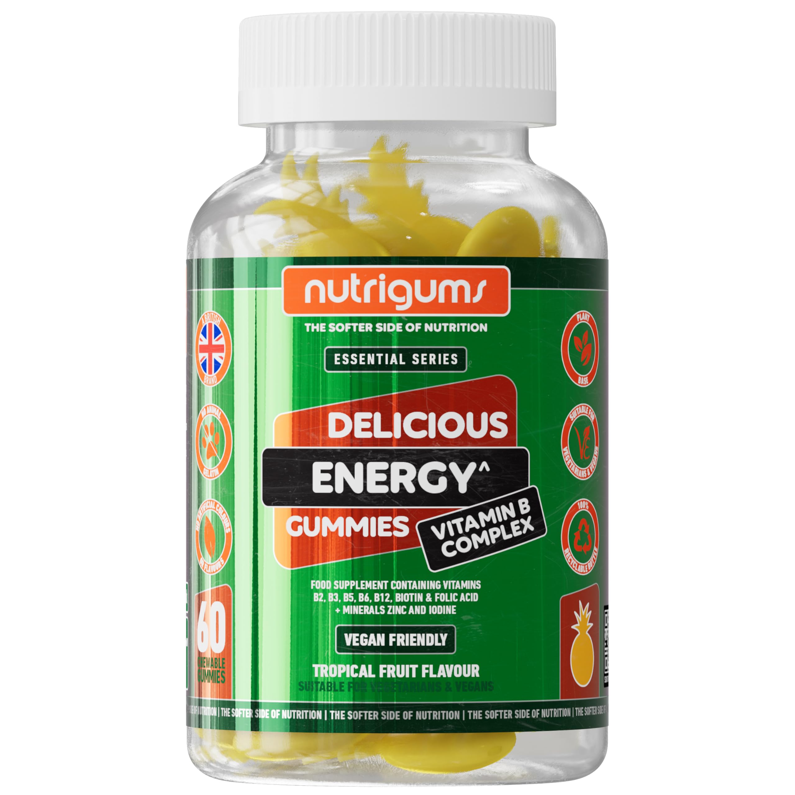 Energy Vitamin B Complex Gummy | Vitamins B2, B3, B5, B6, B12 & Folic Acid with Zinc and Iodine | Tropical Fruit Flavour | 60 Vegan Gummies | Energy Support & Psychological Function by NUTRIGUMS®