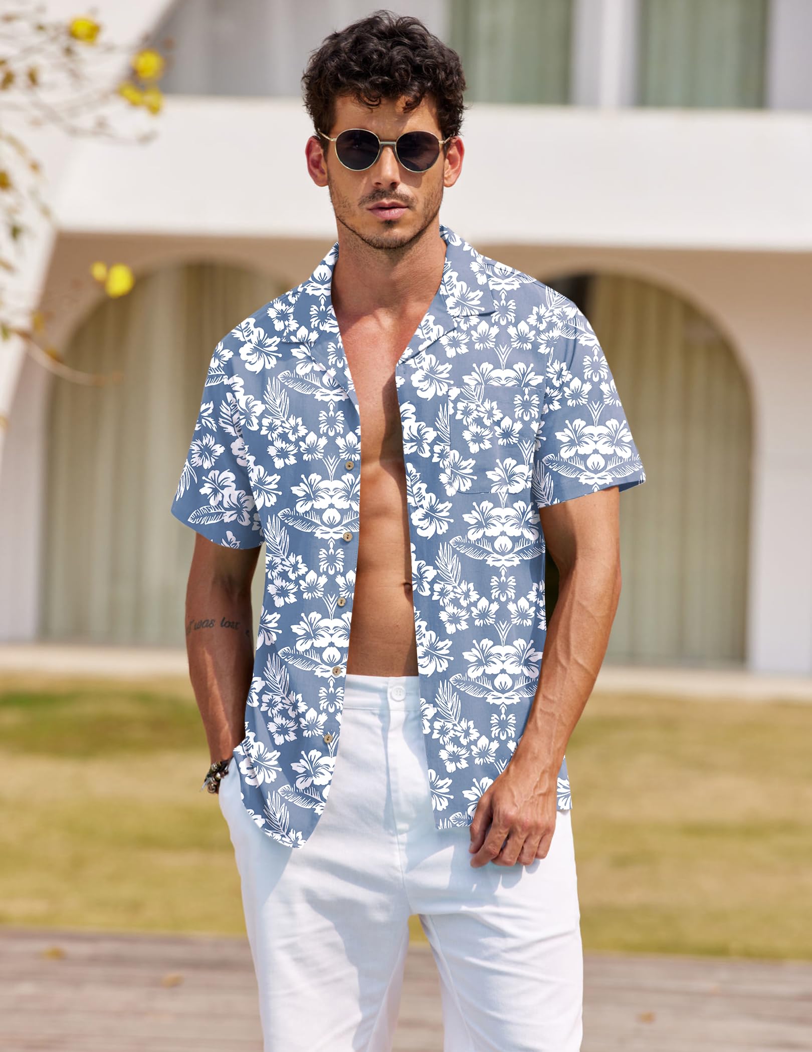 COOFANDY Camisa de Lino Manga Corta Hawaiana de Verano Playa Impresa
