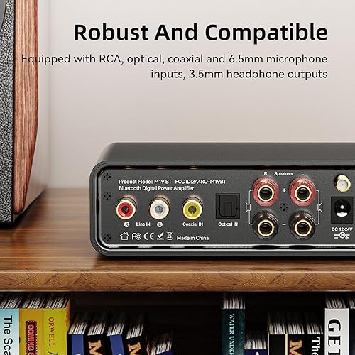 Miniatura 6 de M19 BT Amplificador Receptor Estéreo, Bluetooth 5.3 Mini Amplificador 2 Canales 100W x2 Amplificador HiFi Clase D con RCA/Óptica/Coaxial/Mic Entrada
