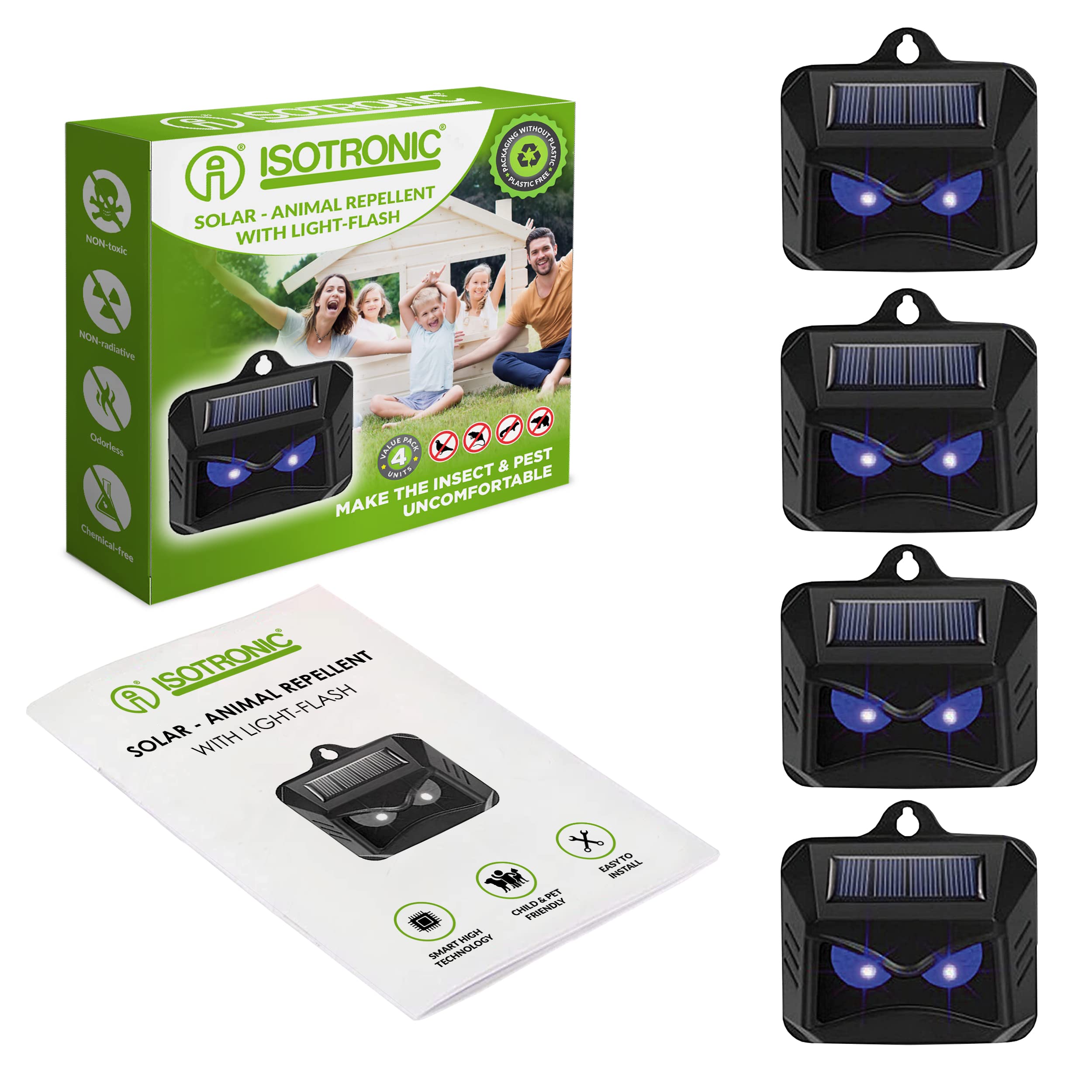ISOTRONIC Solar Tiervertreiber zur Abwehr von Waschbären, Rehen, Füchsen & Wildschweinen – Wildtier Vertreiber mit blauem LED-Licht – effektive Tierabwehr mit 40m² Wirkungsbereich (4 Stück)