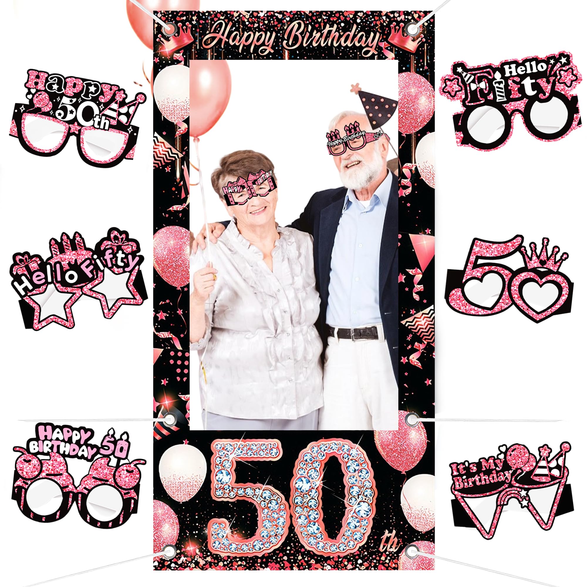 9Pcs Photo Booth Props for Birthday, Pink Gold Photobooth Paper Eyeglasses, 50th Birthday Props Decoration for Women Men Birthdays Party Favors Gifts 50 Year Celebration