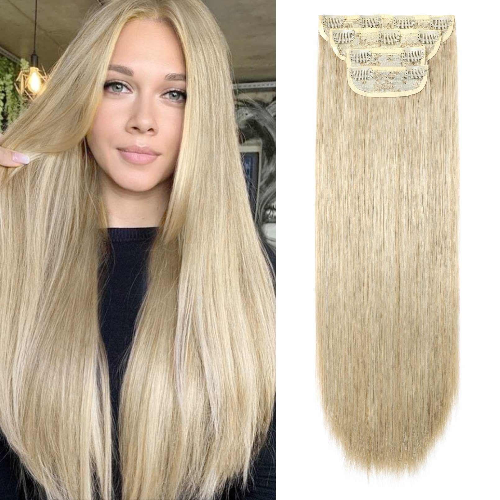 REECHO 24" Straight Long 4 PCS Set Thick Clip in on Hair Extensions - Medium Blonde with Pale Highlight