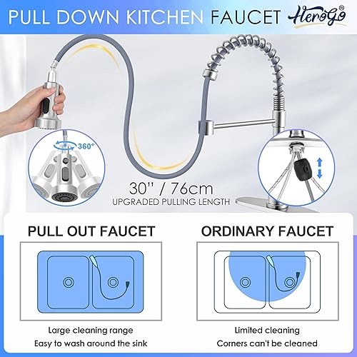 Miniatura 3 de Herogo Grifos de cocina con dispensador de jabón de níquel cepillado, acero inoxidable, grifo de resorte extraíble comercial con rociador extraíble,