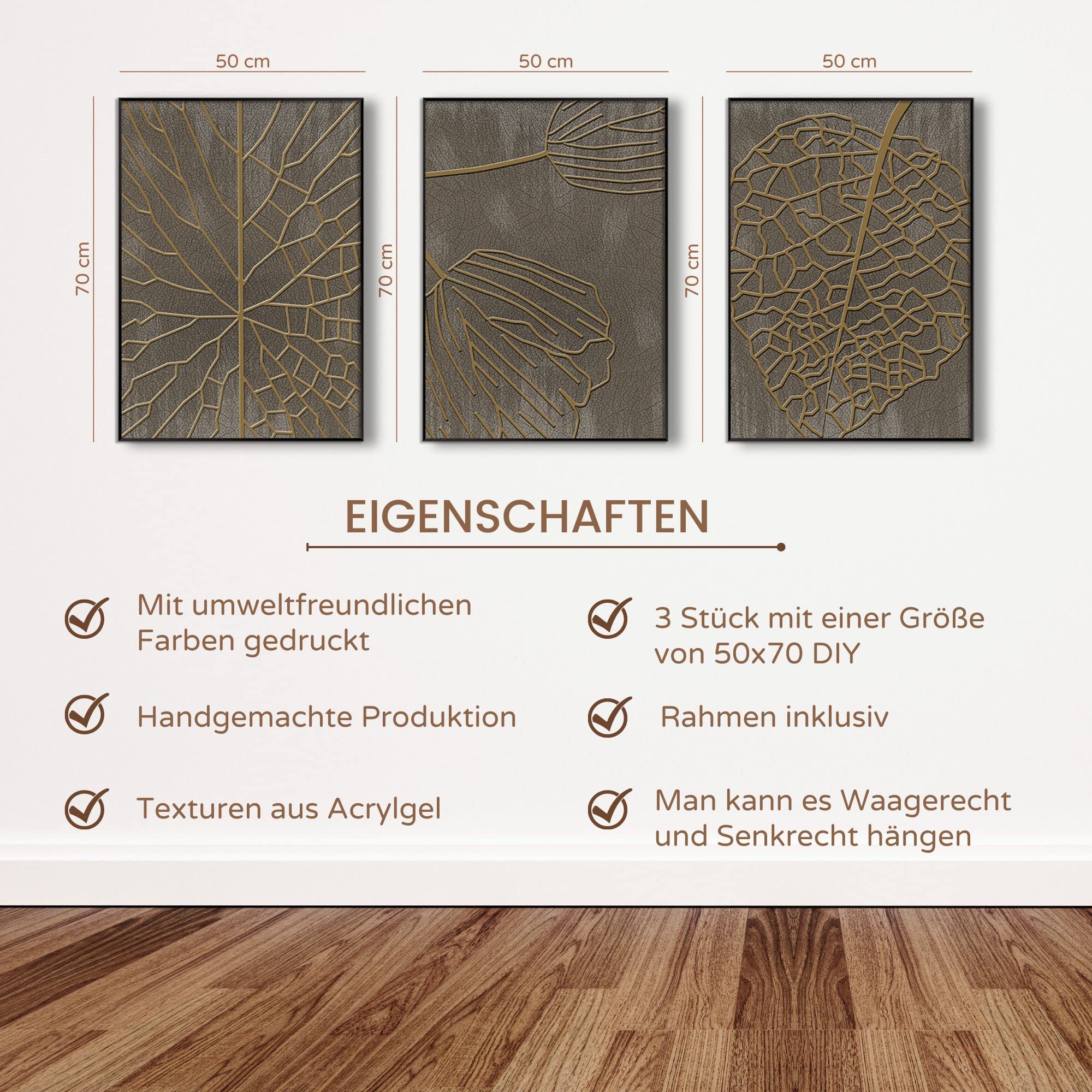 DekoArte - Bilder Wandbilder Wohnzimmer BLÄTTER 50x70 cm 3 mit Rahmen | Set 3 Bilder mit schwarzem Rahmen, Druck botanische Blätter in Taupe und Kupfer, zum Aufhängen