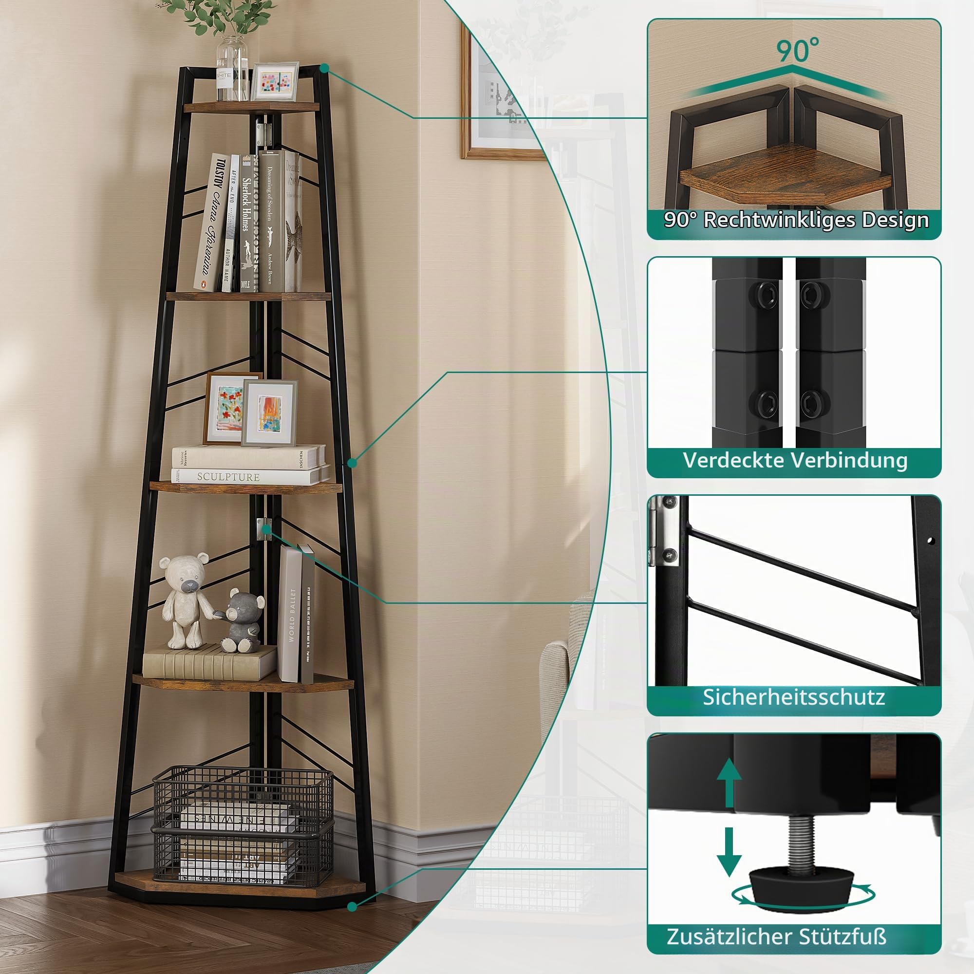 DWVO Eckregal 5 Ebenen, Eckbuchhandel mit Metallrahmen, Industrial Ladder -Bücherregal, Bodenständiges Displayregal, Hoher Speicherregal, für Wohnzimmer, Küche, Schlafzimmer, Vintagebraun Standregal