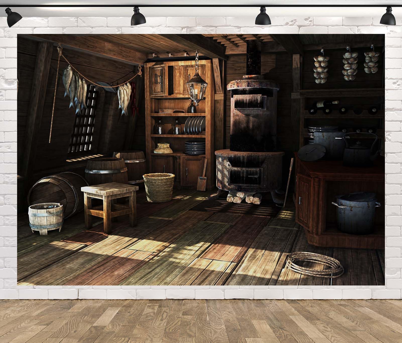 CORFOTO 2.1x1.5m Old Kitchen Backdrop Rustic Wooden Ship Kitchen Photography Background medieval Kitchen Photo Background Rural Farmhouse Cooking Utensils Backdrop Halloween Decor - Image 2