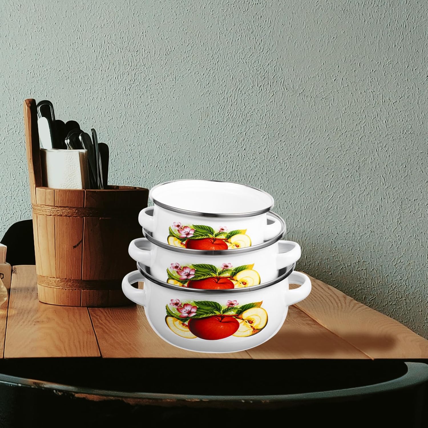 Mini Enamel Soup Pot Set 3-Piece Flat Bottom Stockpots with Handles for Cooking Stew Noodles Milk on Electric and Induction Stoves