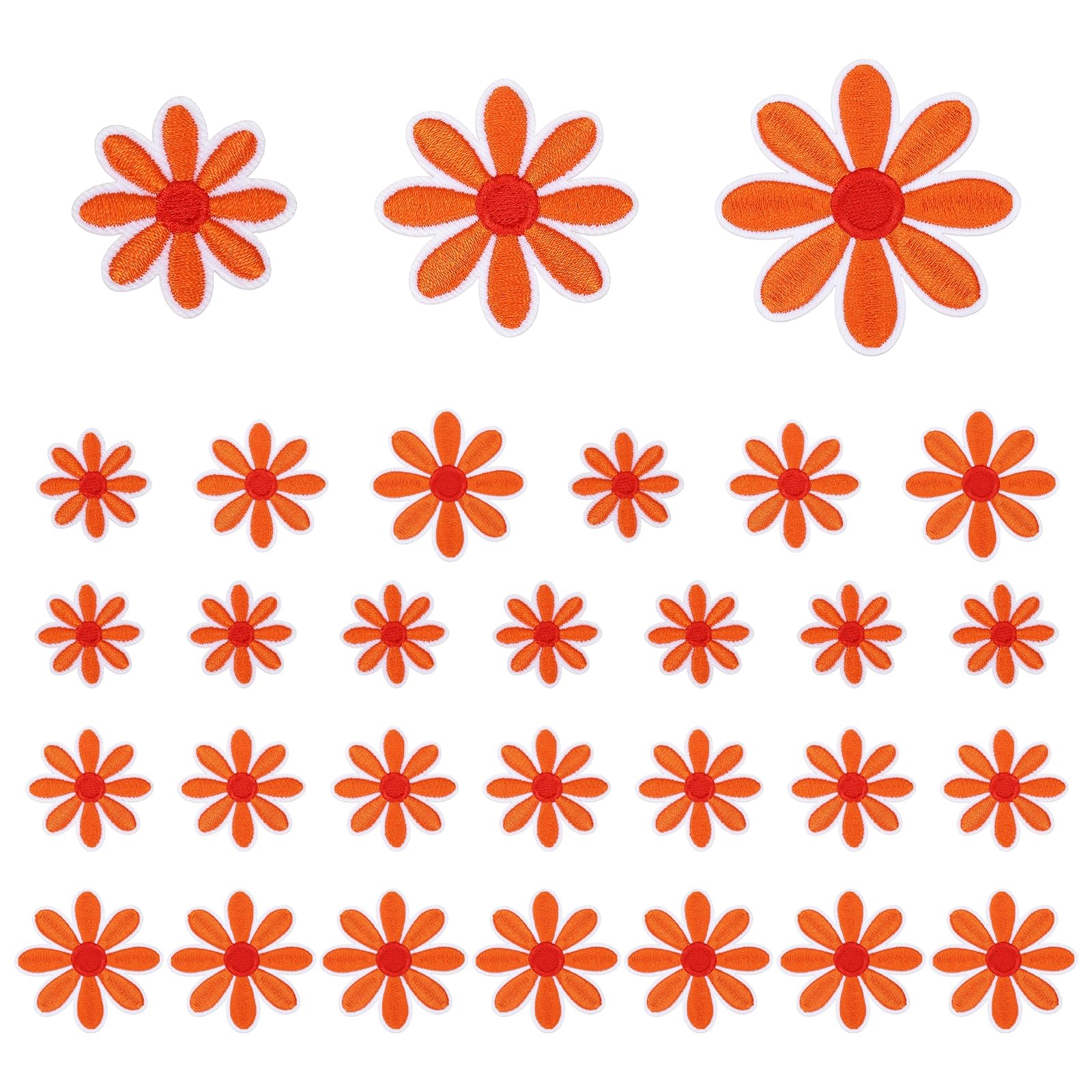 sourcing map 30 Pcs Daisy Flower Iron-on Patches, 3 Sizes 6.5/4.5/3cm Cute Sew Embroidery Applique Patches for Clothing Repair Backpack Shoes Decoration, Orange