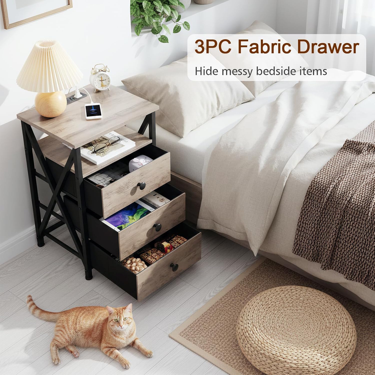 AMHANCIBLE Night Stand Set 2, LED Nightstand with Charging Station, End Side Tables with USB Port & Outlet, Bedside Table with 3 Fabric Drawers for Bedroom, Greige, HET053LGY