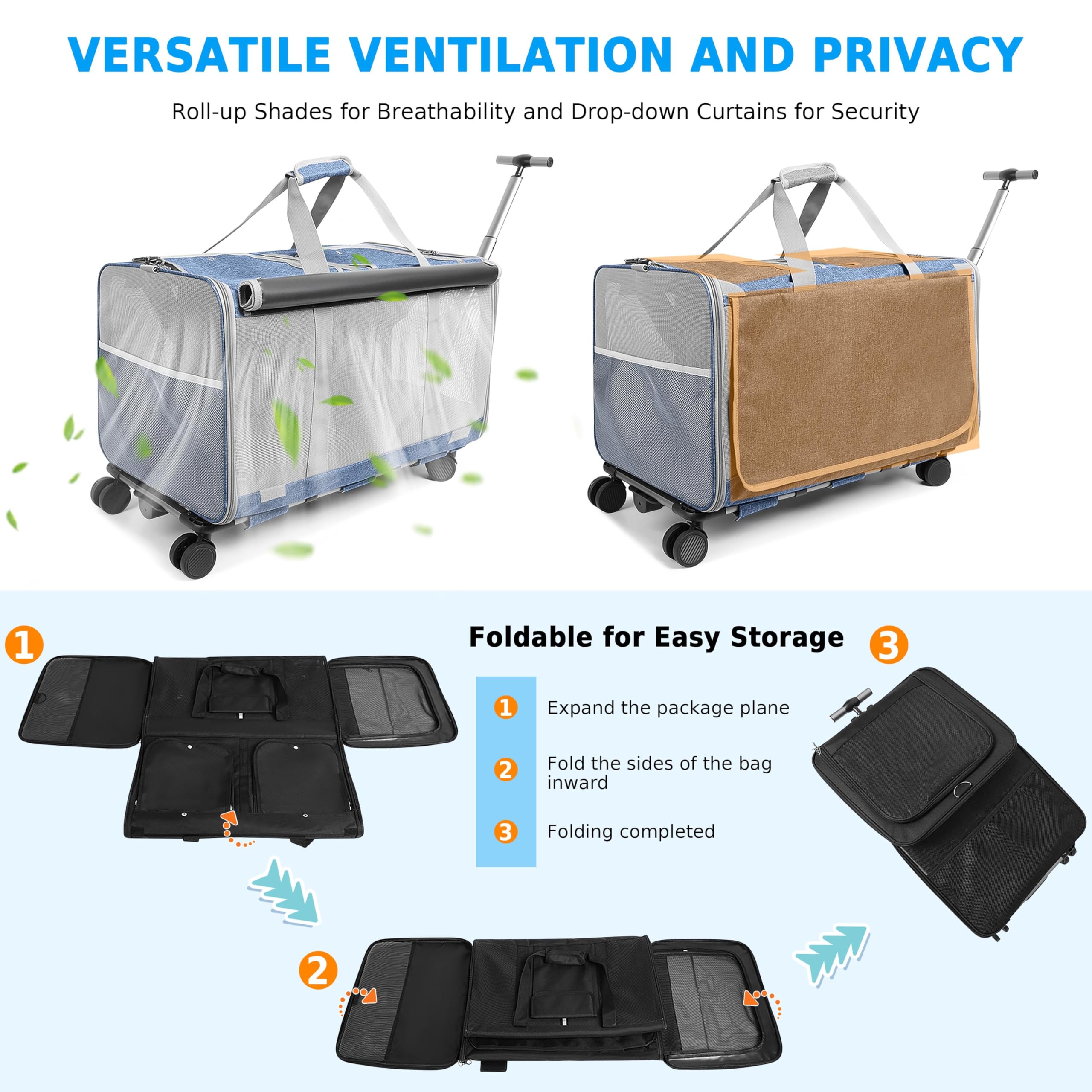 ALLSOPETS Grande Trasportino per Animali con Ruote Trasportino a Doppio Scomparto per 2 Gatti e Cani con Manico Telescopico Borsa da Viaggio Pieghevole e Portatile per Travel Camping Outdoors Blu
