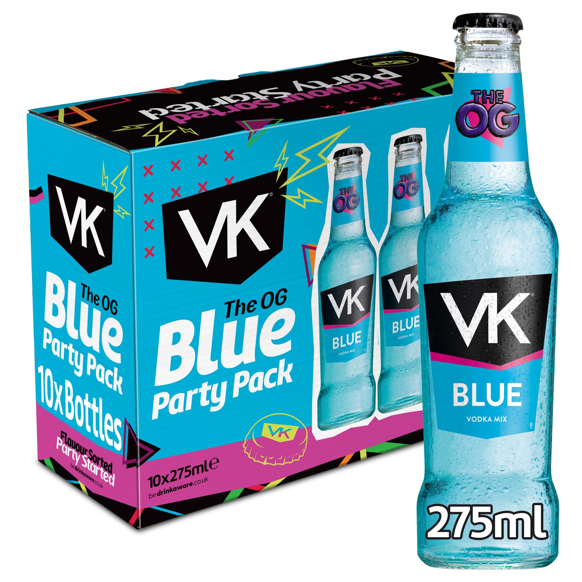 VK Blue Party Pack | 10 x 275ml Multipack |3.4% abv | Blue Alcopops | Sparkling Vodka Drink | Ready To Drink Alcoholic Mix | Mixed Berry | Party Drinks Pack | Pre-mixed