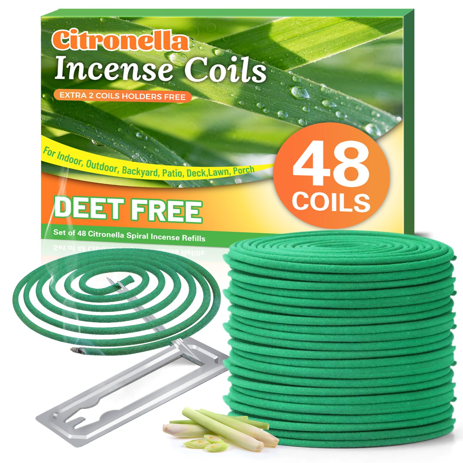 DERDUFT Citronella Incense Coils 48 Spirals with 2 Holders - Long Lasting Outdoor Spiral Coils, Fresh Citronella Lemongrass Scent for Garden Patio Backyard Camping Picnic, Up to 4-5 Hours