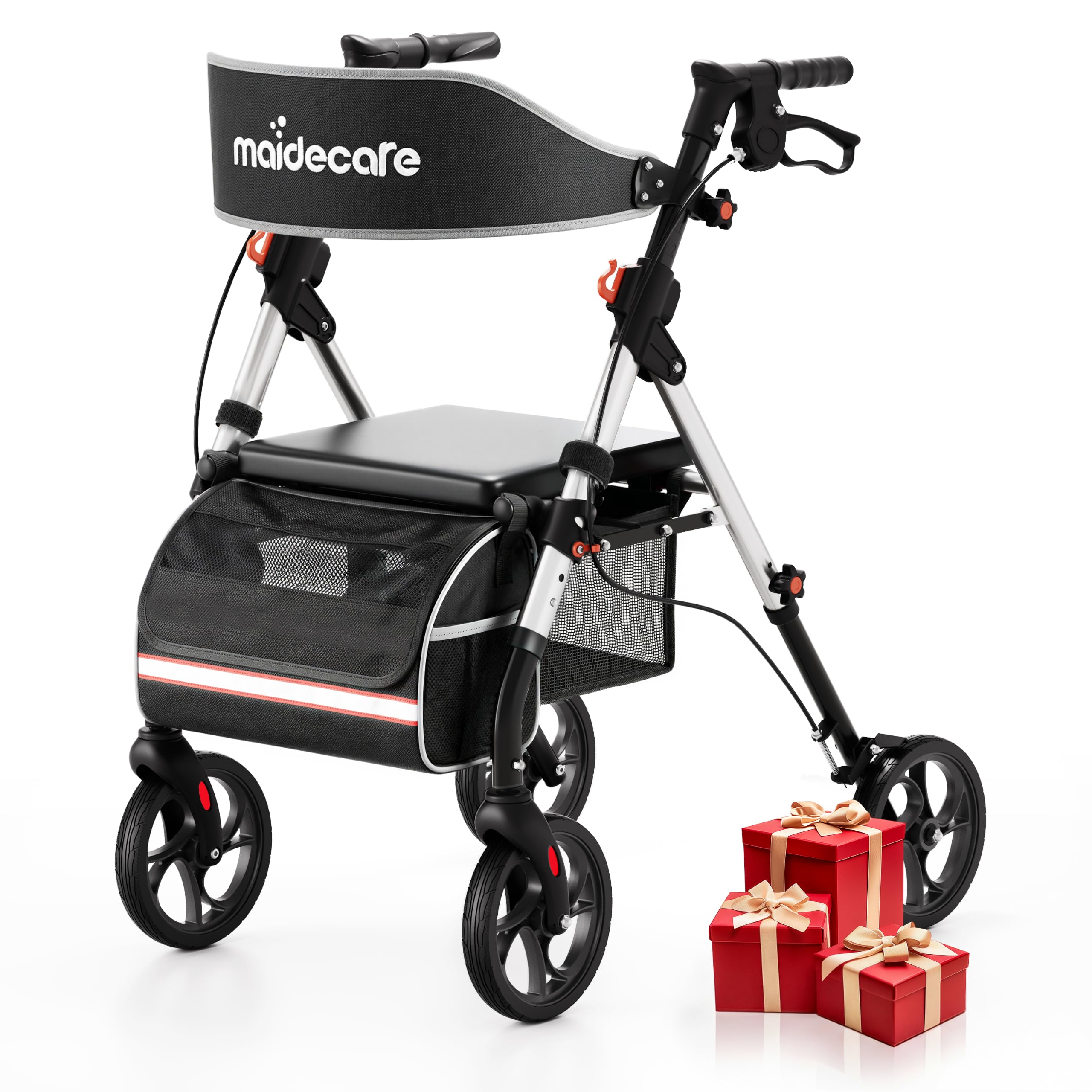 Rollator Walker z siedziskiem i kółkami dla osób starszych, składane rolki z 4 kółkami dla seniorów i niepełnosprawnych, chodzik na zewnątrz / wewnątrz, opony terenowe 20 cm, 6-stopniowa regulacja