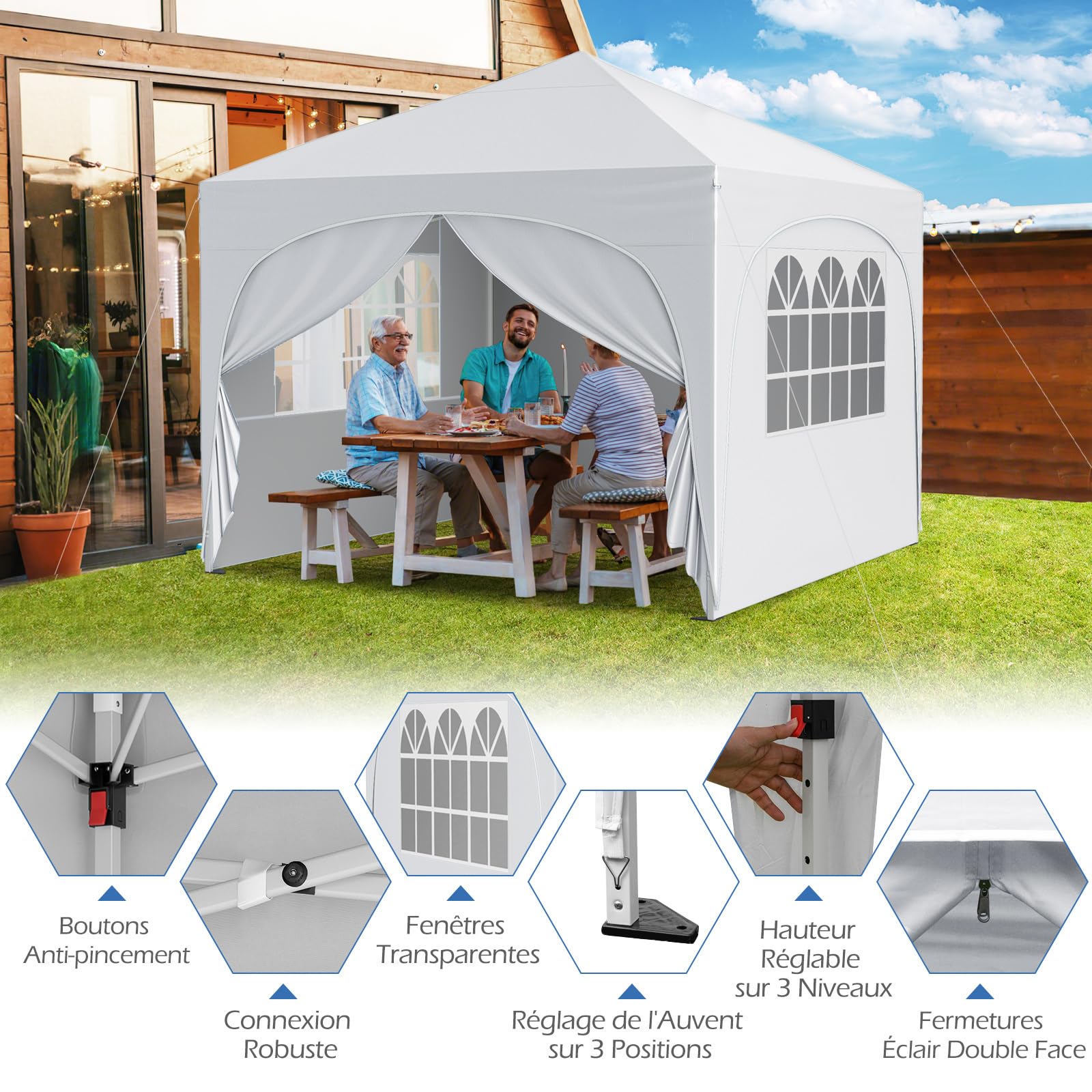 COSTWAY Tonnelle de Jardin Pliante 3x3m avec Parois, Pop up, Protection UV 50+, Imperméable, Tente de Reception Pliable, 4 Côtés et 4 Sacs de Sable, Sac à roulettes, pour Camping Fête (Blanc)